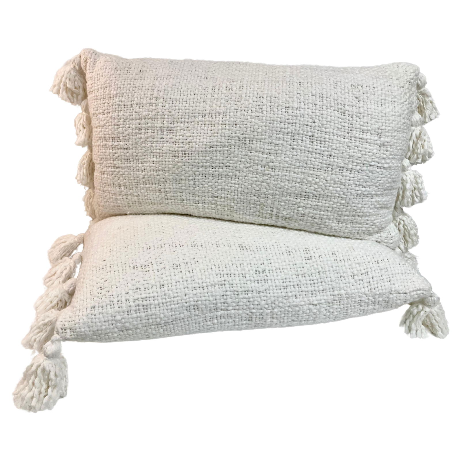 Natural Raw Silk Decorative Pillows With Tassels, a Pair #2: 23"W × 4"D × 12"H 1990s pair of natural raw silk oof-white decorative toss pillows with tassels in the style of Jean Michel Frank. This fabric was a staple for Jean Michel Frank and was common on mo