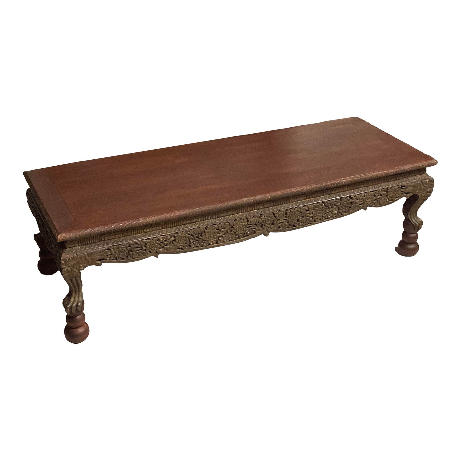 Asian Carved Wood Coffee Table: 55"W × 20"D × 16"H Early 20th Century Chinese carved wood coffee table with nice detail work. Very pretty finish on the surface. Nice simple top to highlight the carving details. Fun fact: the table