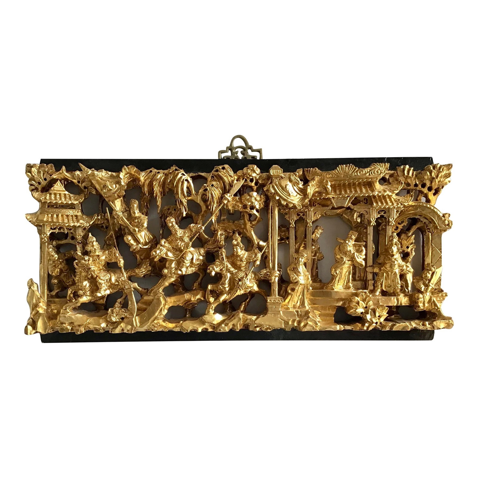 Asian Scene Carving on Wood: 17.75"W × 2"D × 8.5"H 1950s rectangular wall piece of an Asian scene carved on wood. Great details painted in gold.