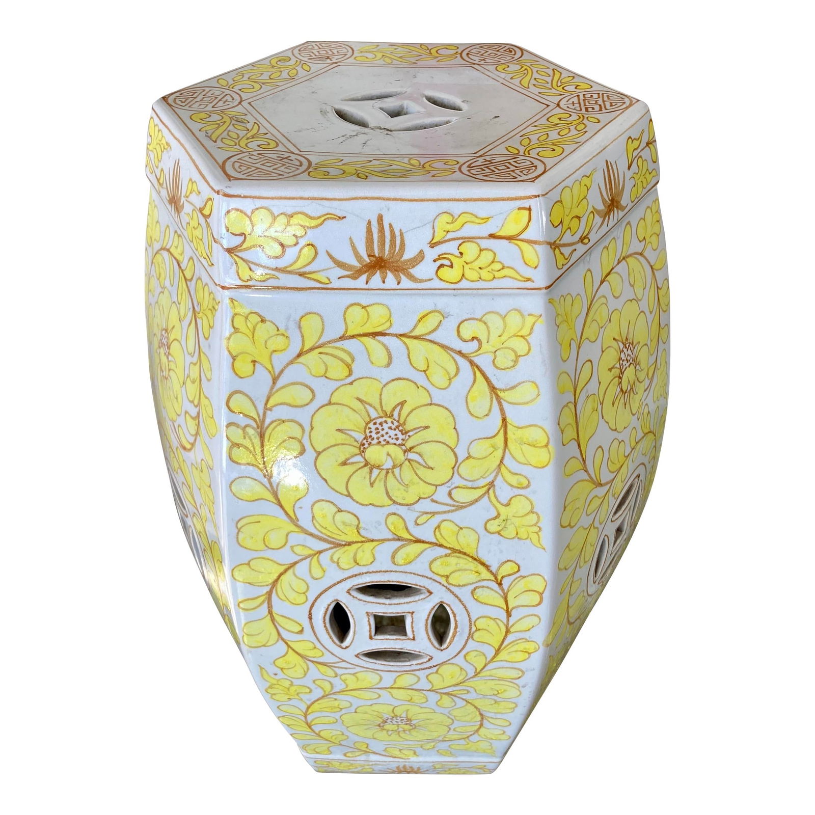 Yellow and White Glazed Ceramic Garden Seat (1 of 9)