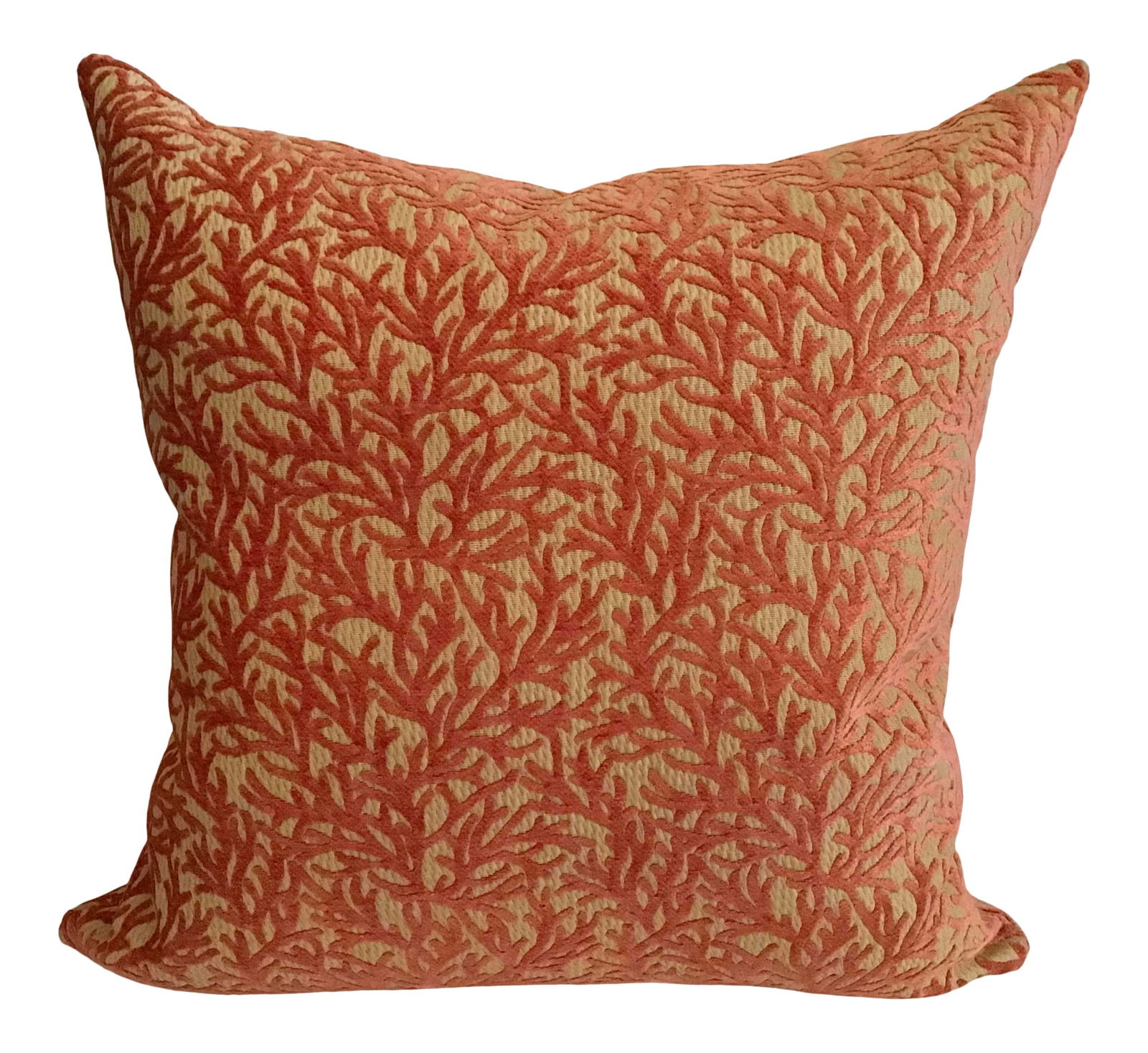 Coral Velvet Toss Pillow Newly Made #2: 20"W × 6"D × 20"H 2020s Hollywood Regency luxurious coral velvet decorative toss pillows 20" x 20". Nice size for extra glam for your home. These are made recently at our Todd Hase factory. Made in