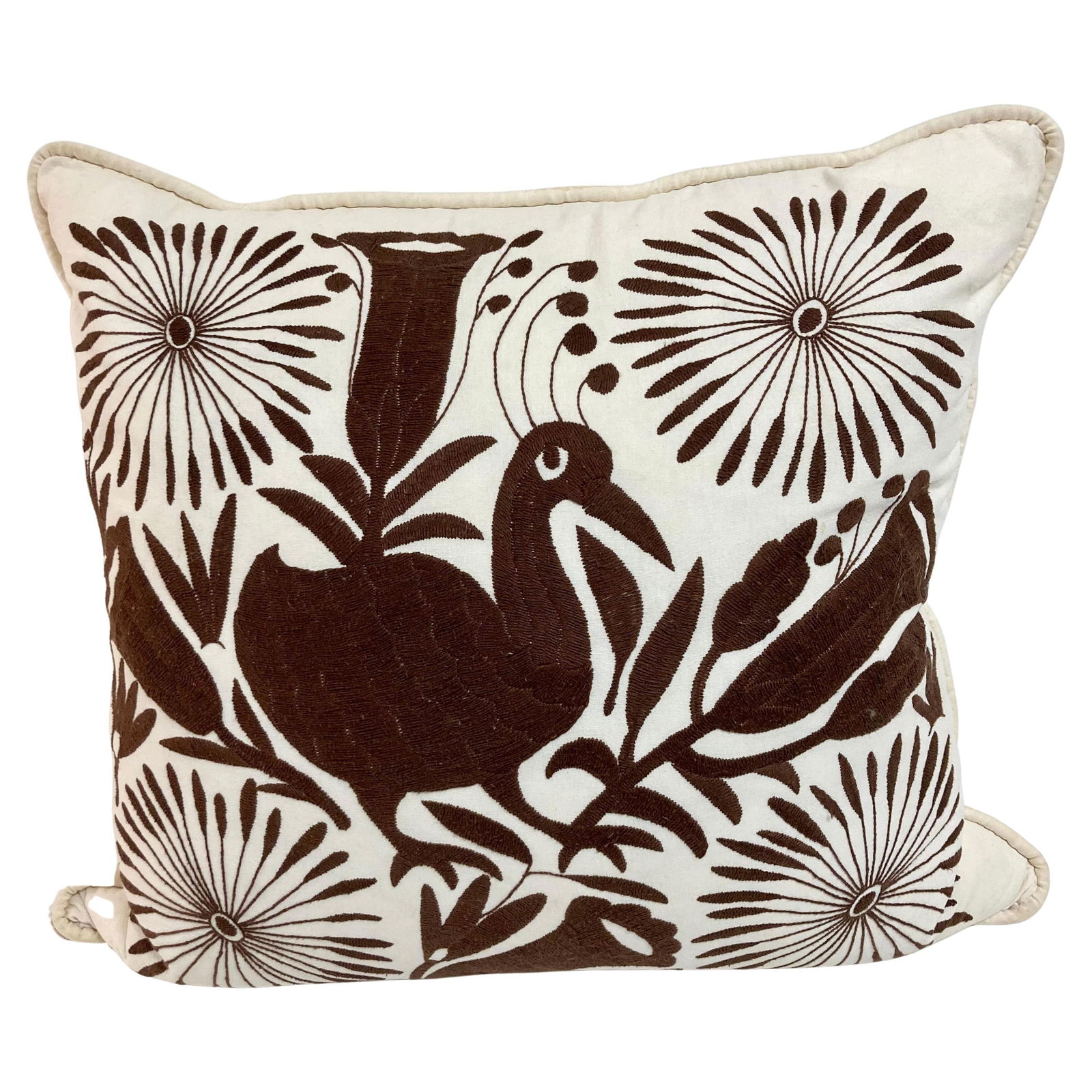 Crewel Work Hand Embroidered Brown Bird Toss Pillow #2: 21"W × 8"D × 21"H 1970s Boho Chic crewel work hand embroidered bird cotton toss pillow. We have a second similar bird pillow, and also 2 pillows with multiple birds. Collect all 4. Add som Boho Chic