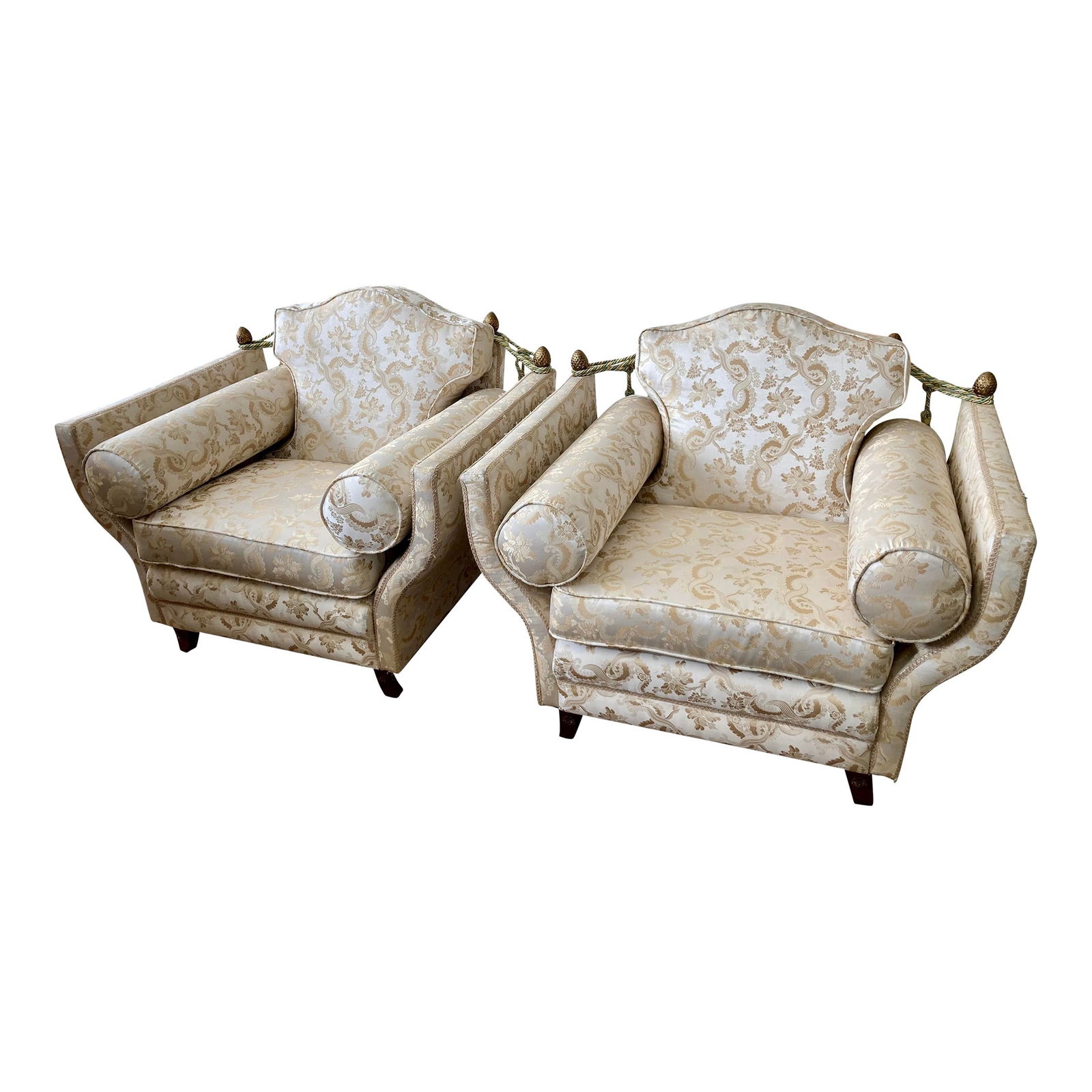 Jansen Knole Arm Club Chairs in Original Finish and Fabric, a Pair: 42"W × 36"D × 33"H Arm height: 26.0 in Seat interior width: 19.0 in Seat interior depth: 21.0 in Seat height: 18.0 in 1950s Jansen Knole pair of arm club chairs in original Chinoiserie fabric and fi