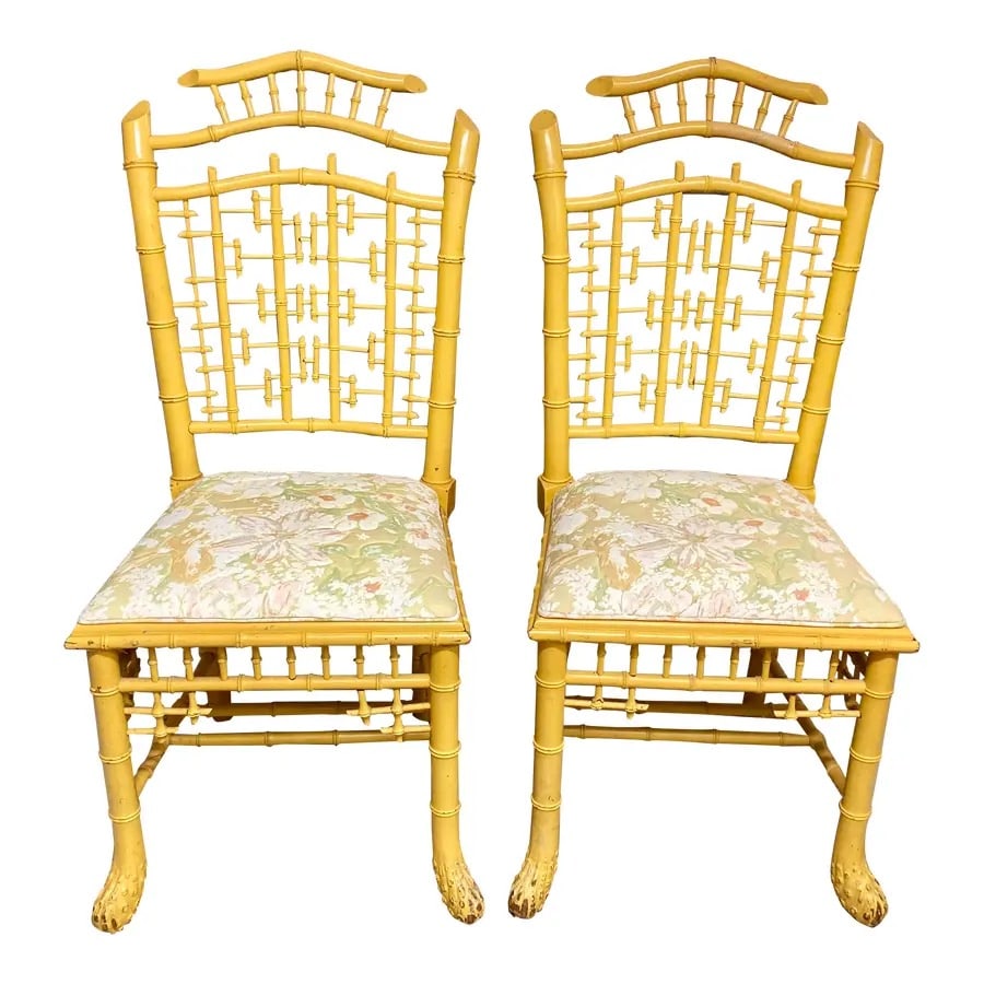 English Carved Faux Bamboo Side Chairs in Yellow Finish, a Pair (1 of 12)