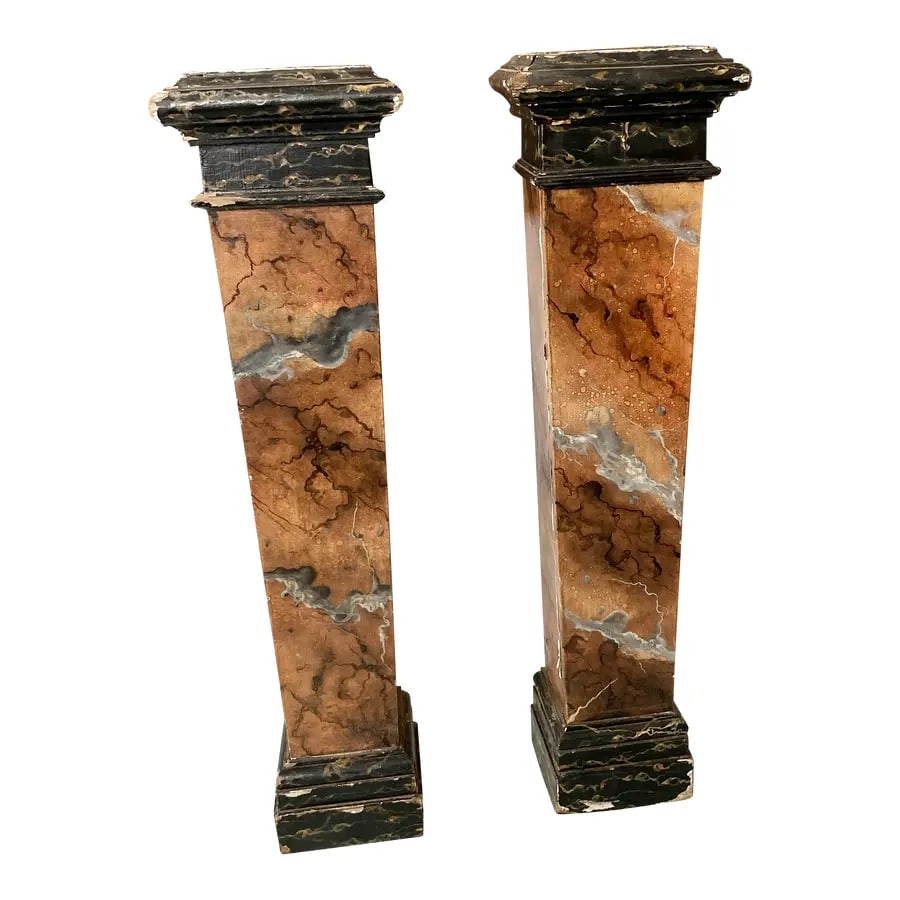 French Faux Marble Wood Pedestals, a Pair: 14"W × 10"D × 51"H Late 19th Century pair of French faux marble wood pedestals. Great addition to your French architectural inspired interiors. From the estate of Tony Duquette. Made in France.
