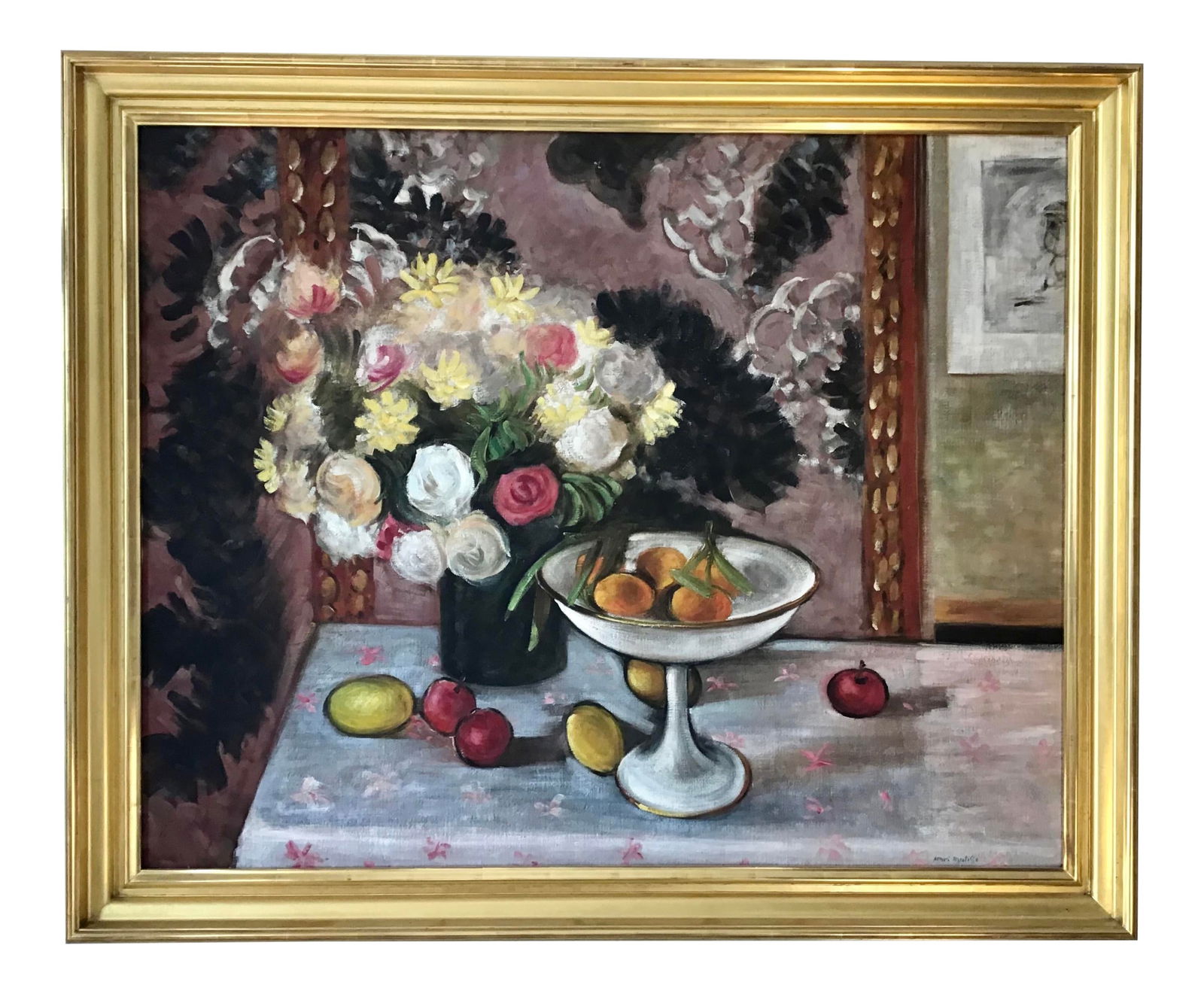 Henri Matisse Style Still Life Painting: 51"W × 3"D × 42.5"H 1960s very large traditional still life painting on canvas in the style of Henri Matisse. Wonderful gold frame. Made in France.