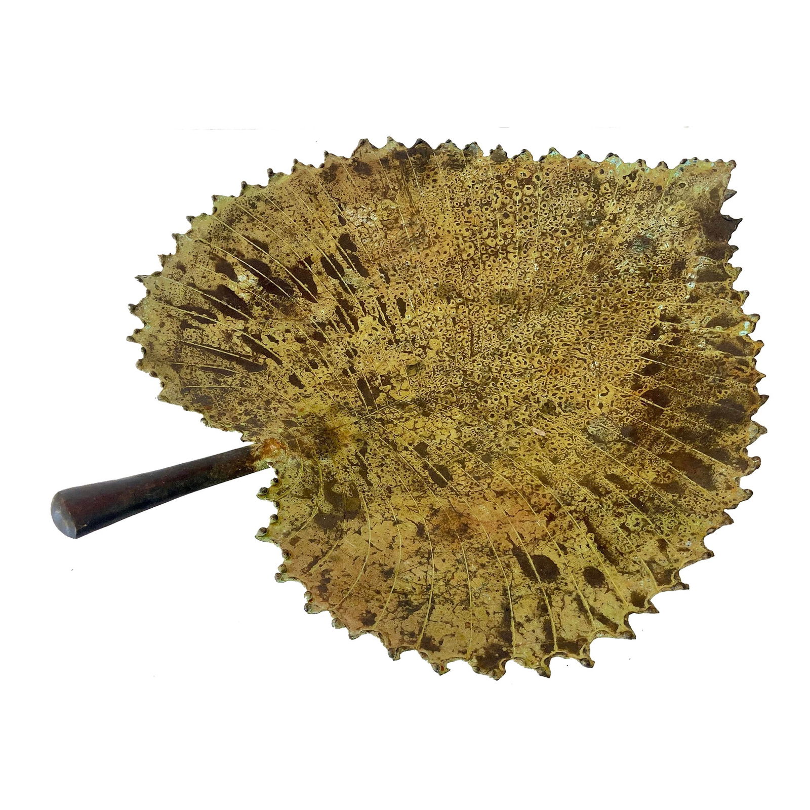 Bronze Leaf Centerpiece Sculpture #7: 19"W × 15"D × 2.5"H 1960s Modern bronze leaf centerpiece sculpture is handmade by a French artisan. Please see our additional listings of this design as they are all unique. Amazing details and aged