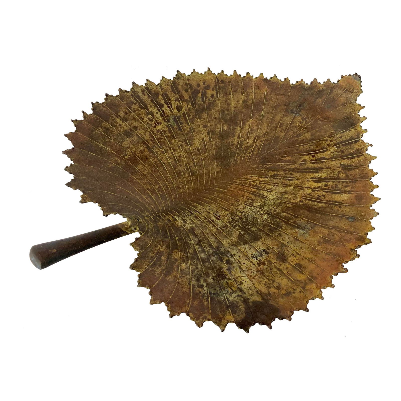 Bronze Leaf Centerpiece Sculpture #8: 19"W × 15"D × 2.5"H 1960s Modern bronze leaf centerpiece sculpture is handmade by a French artisan. Please see our additional listings of this design as they are all unique. Amazing details and aged