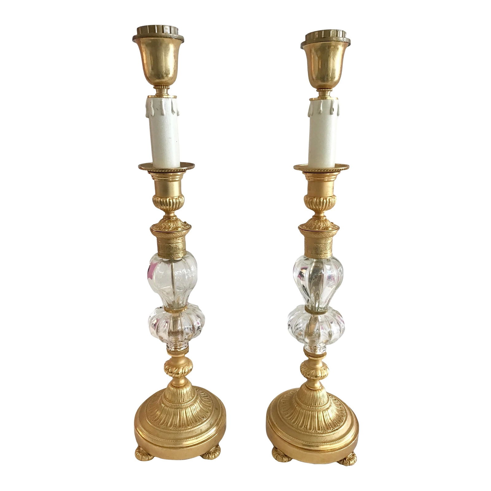 Jansen Style Gilt Bronze and Clear Glass Table Lamps, a Pair: 9"W × 9"D × 22"L 1960s pair of Jansen style table lamps with gilt bronze details and clear glass elements. Amazing bronze details with perfect gilt. Really beautiful quality workmanship and pair. Ex