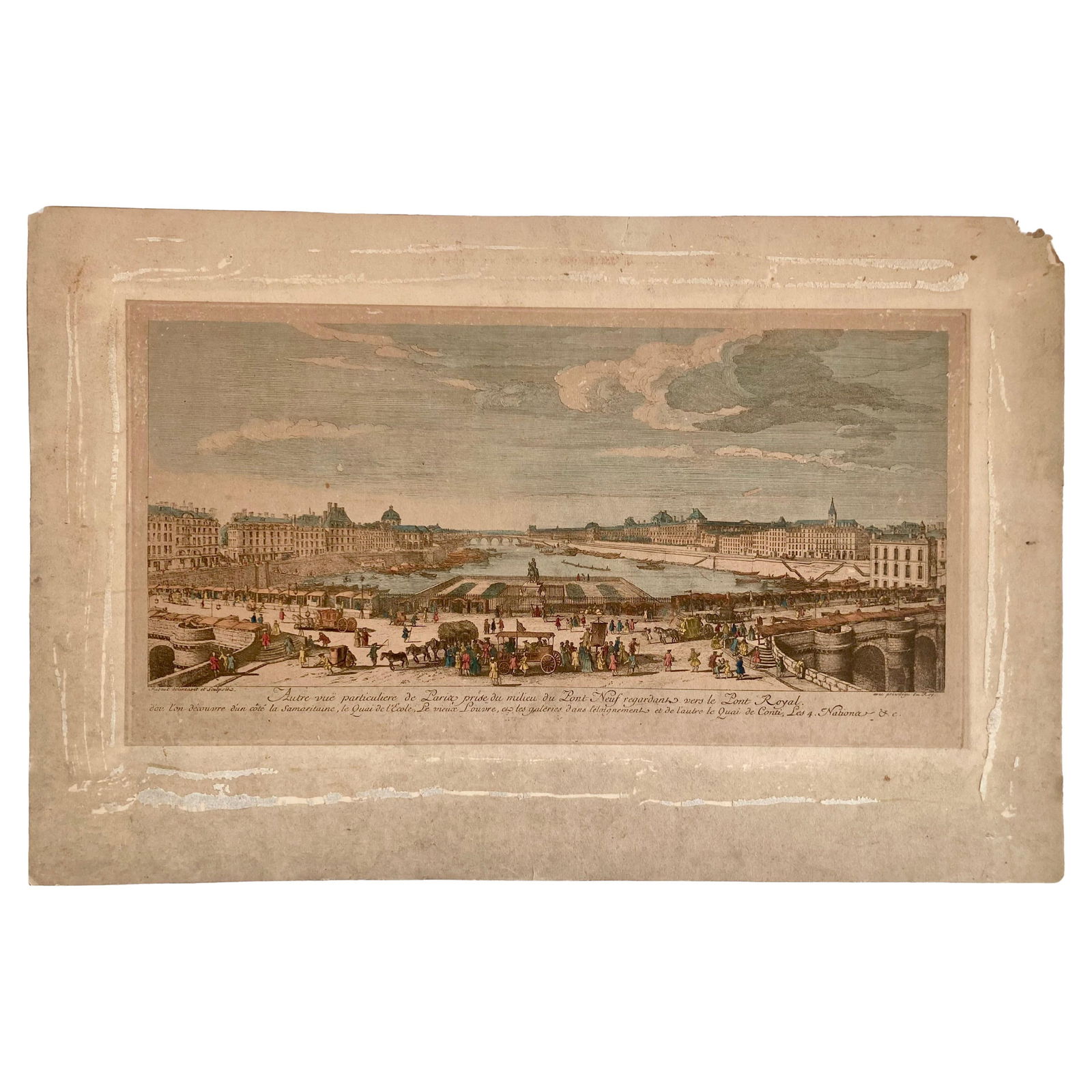 Jacques Rigaud Engraving Pont Neuf: 19"W × 0.01"D × 10"H French 18th Century Jacques Rigaud engraving on paper of Pont Neuf. The dimension is the sight of the image. This item is ready to be framed to your liking and style. We have se