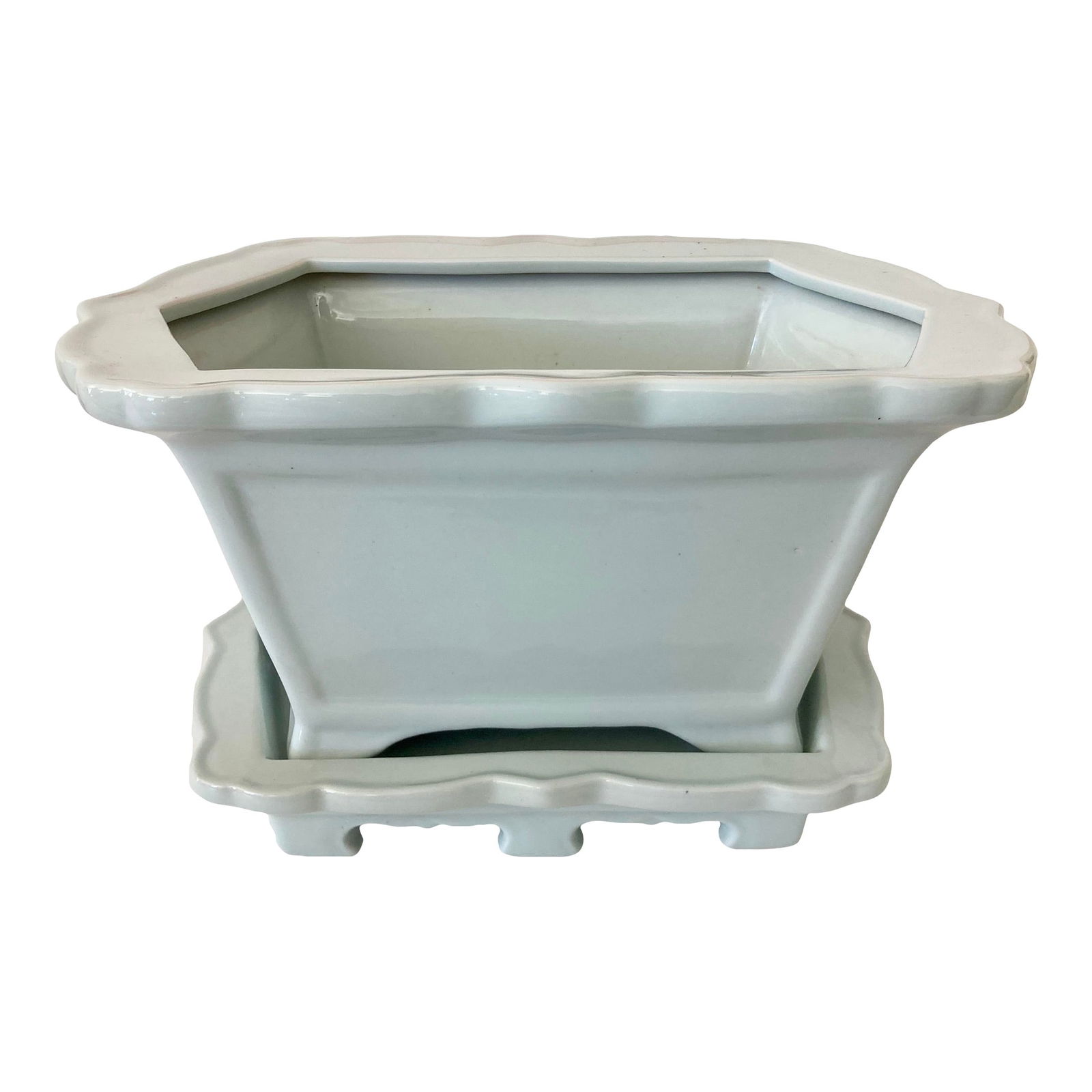 Glazed Chinese Ceramic Cachepot With Lower Water Tray #2: 18"W × 12"D × 10"H 1950s Chinese glazed off-white ceramic cachepot on a plate with leg stands.