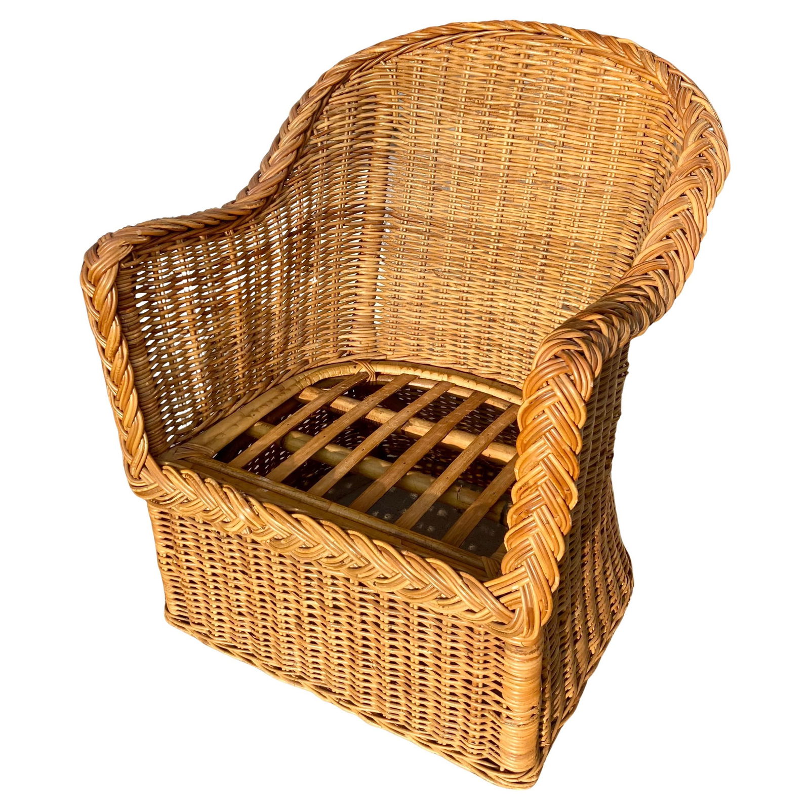 Palm Beach Bielecky Brothers Rattan Club Chair in Braid Pattern: 27"W × 27"D × 32"H Arm Height: 25.0 in Seat Interior Width: 20.0 in Seat Interior Depth: 20.0 in Seat Height: 14.0 in 1970s Bielecky Brothers rattan club chair in braid pattern. Very rare in natural