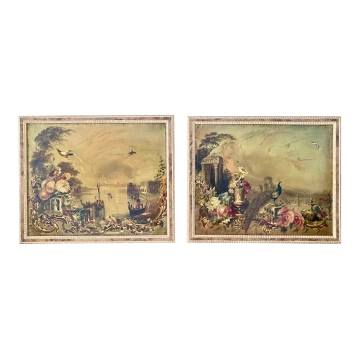 Jennens and Bettridge Paintings: 24"W × 1"D × 20"H 19th Century Traditional Jennens and Bettridge paper mache paintings. Floral and fauna details on both paintings make these a lovelily pair. Both paintings are framed the same and