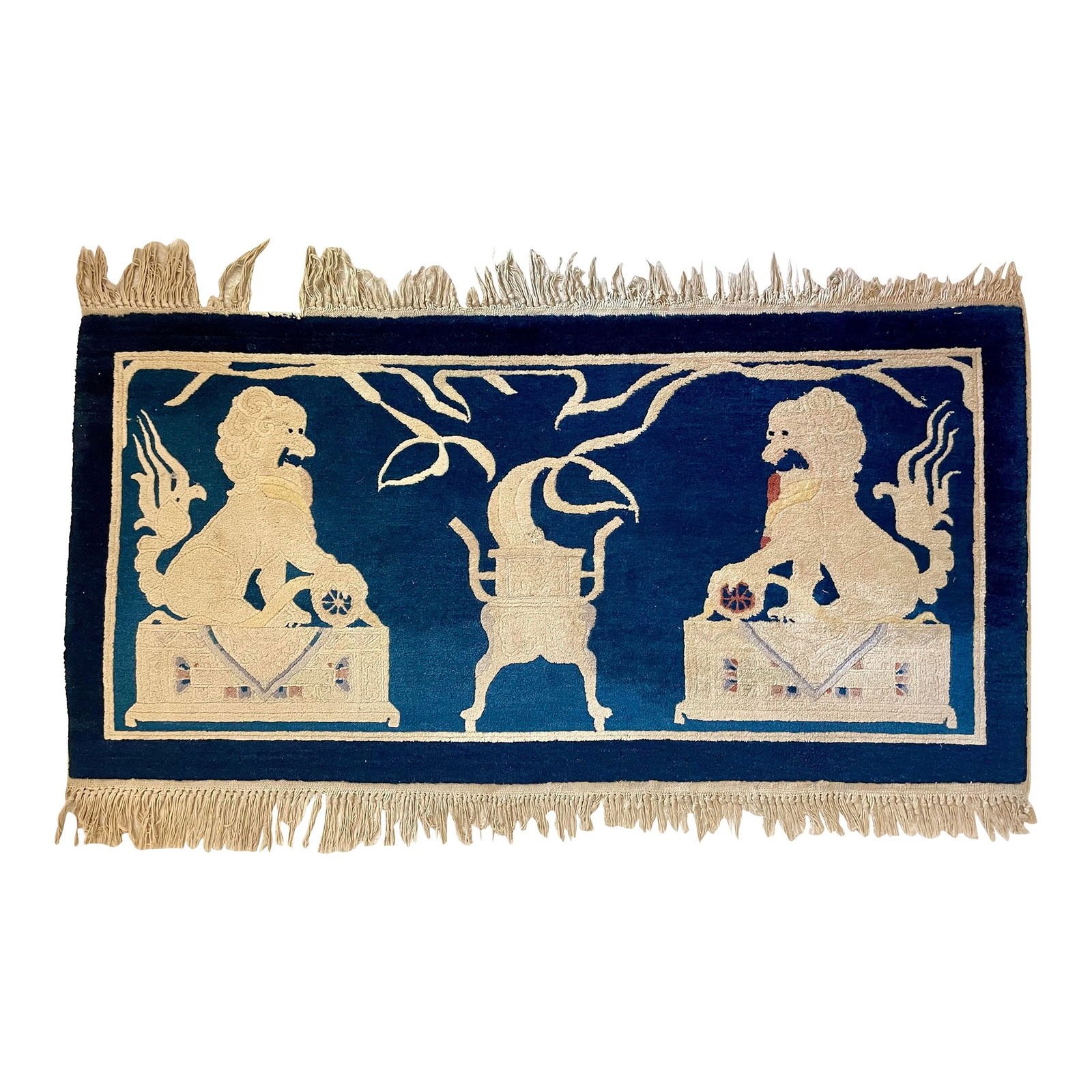 Chinese Foo Dogs Carpet: 31.5"W × 61.5"D × 0.25"H 1950s Chinese textile with foo dogs in 100% wool. This would be great in any room decor. Wonderful details and colors.