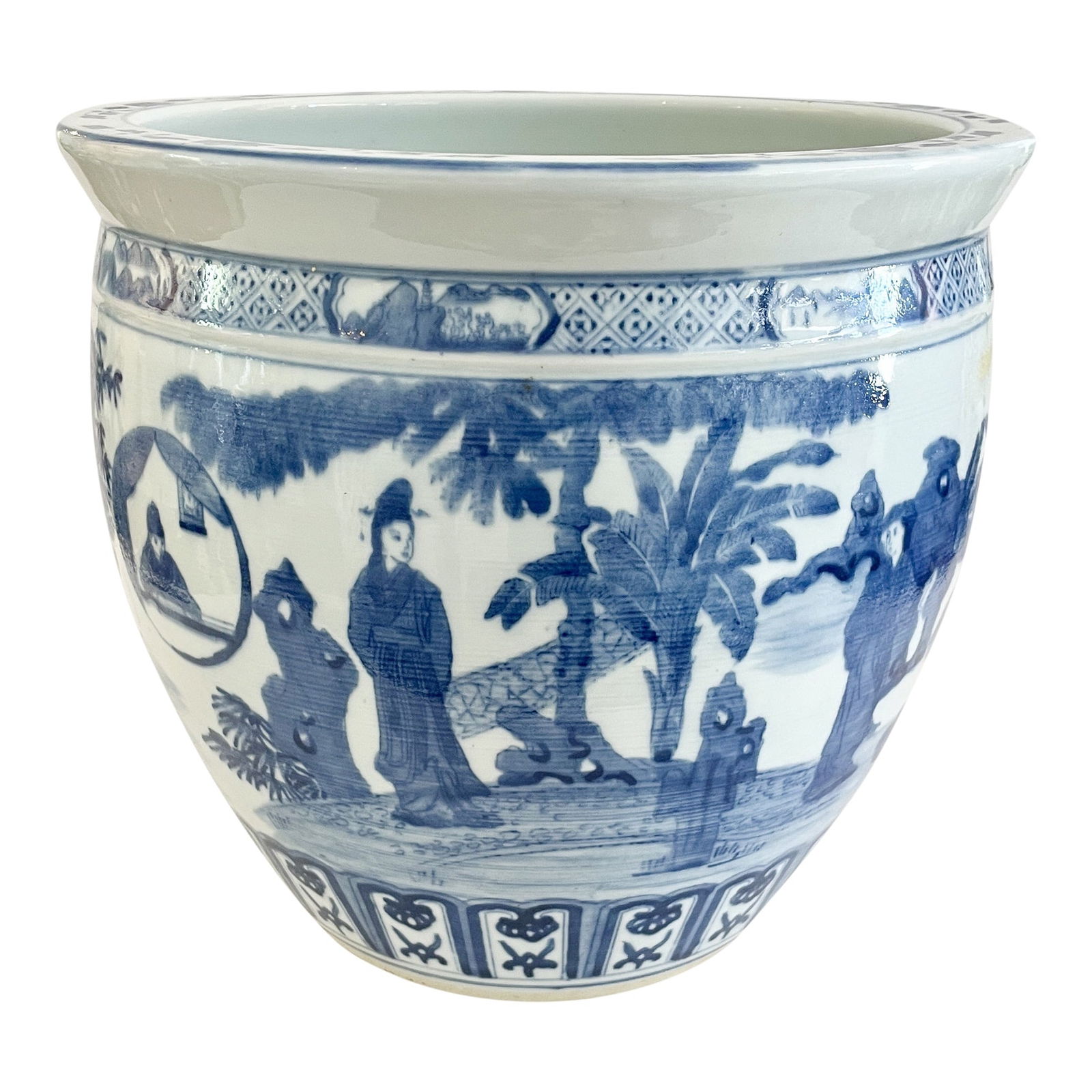 Chinese Blue and White Cachepot: 12"W × 12"D × 11"H 1950s Asian cachepot in a hand painted blue and white design. The pot will hold 3 orchids, so a nice size.