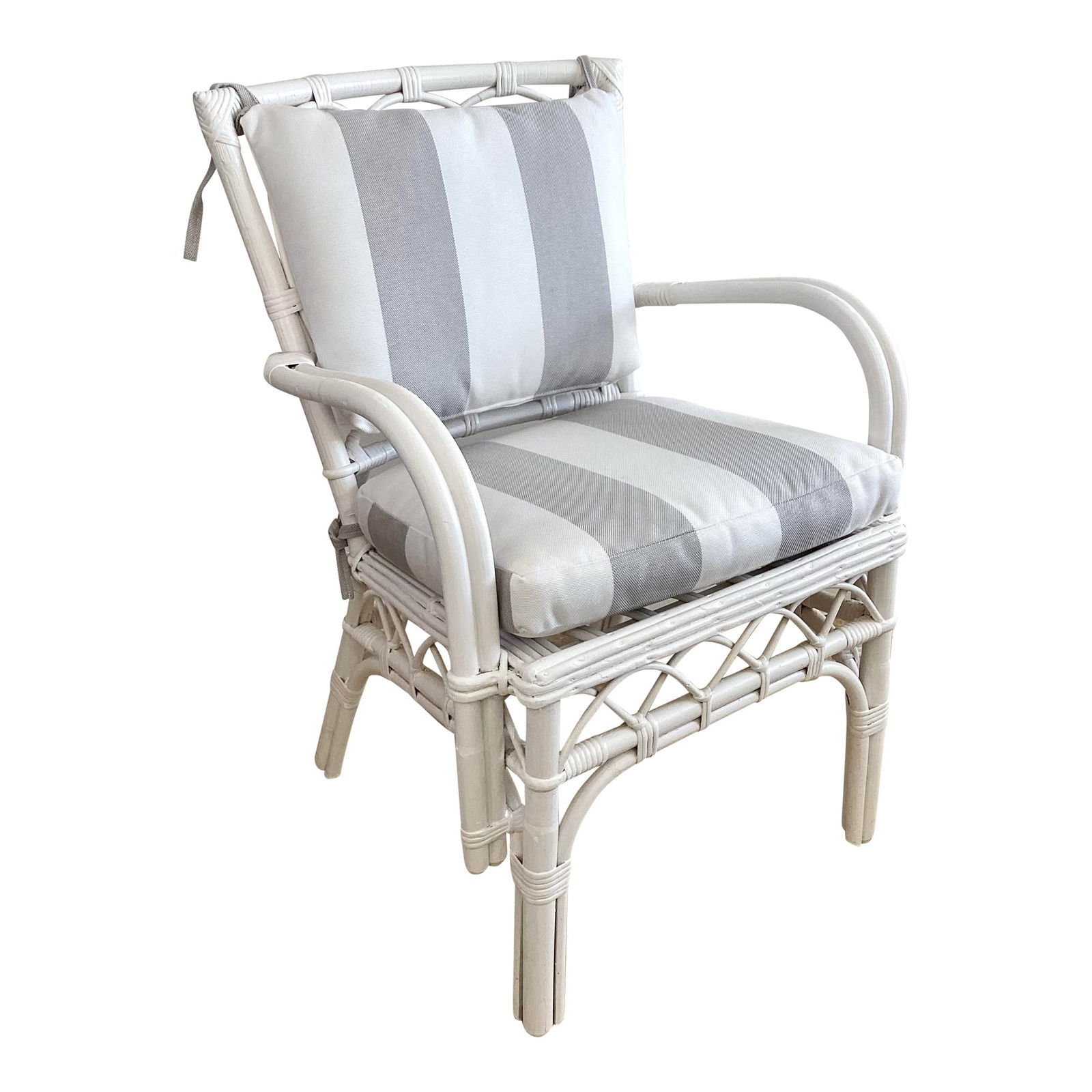 Palm Beach Ficks Reed Small Arm Chair: 23.5"W × 23"D × 33"H Seat Height: 20.0 in Seat Interior Width: 18.0 in Arm Height: 24.0 in Seat Interior Depth: 14.0 in 1960s small Ficks Reed arm rattan chair with new Sunbrella cushions freshly la