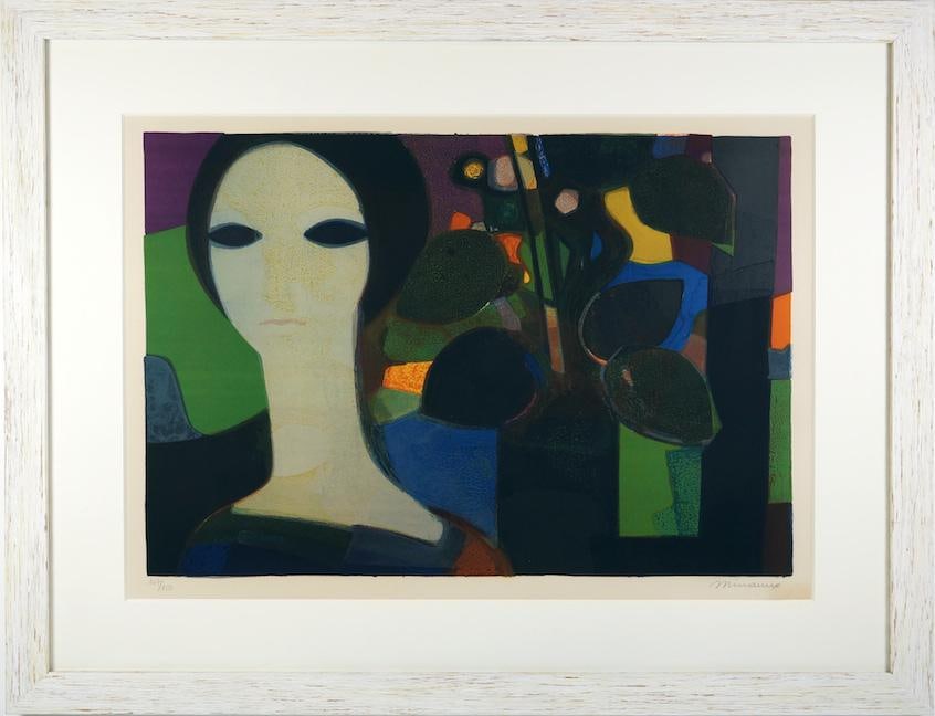 Andre Minaux Pochoir Lithograph: 36"W × 1"D × 28"H Image Size: 25" x 17" Modern stencil art on paper by Andre Minaux of the 1960s period. Numbered and signed 147/150 Minaux. Made in France.