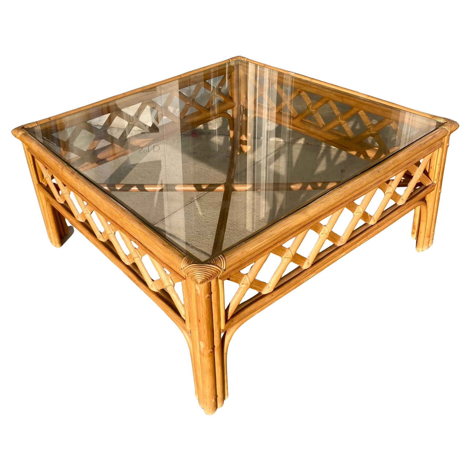 Palm Beach Natural Rattan Ficks Reed Square Coffee Table: 37"W × 37"D × 17"H 1970s natural rattan and bamboo Ficks Reed coffee table with lattice pattern. Very rare in natural rattan tones. Nice larger square size. Works well with today’s upholstery styl