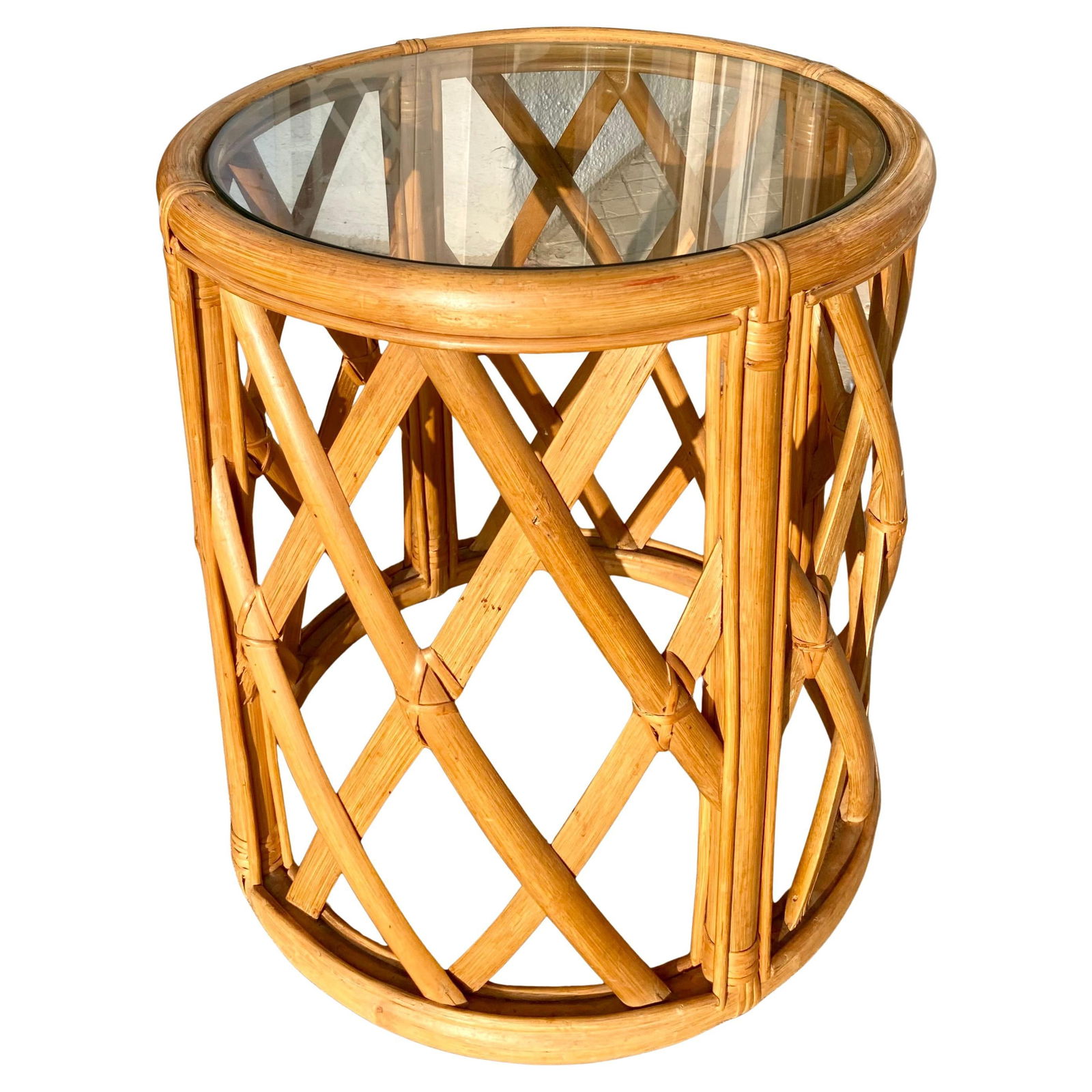 Palm Beach Natural Ficks Reed Rattan Drum Table in Lattice Pattern: 20"W × 20"D × 21"H 1970s natural rattan Ficks Reed cocktail table in lattice pattern. Very rare in natural finish. Beautiful lattice pattern. Add some Boho Chic style to your home. Made in U.S.A.
