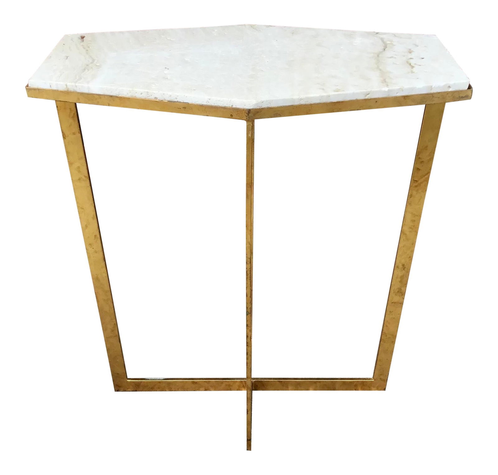 Small Hexagonal Cocktail Table: 14.25"W × 9"D × 16.25"H 1990s very small hexagonal cocktail table with metal in gold base and travertine marble top for one or two drinks. Great addition to your glam decor bar and house.