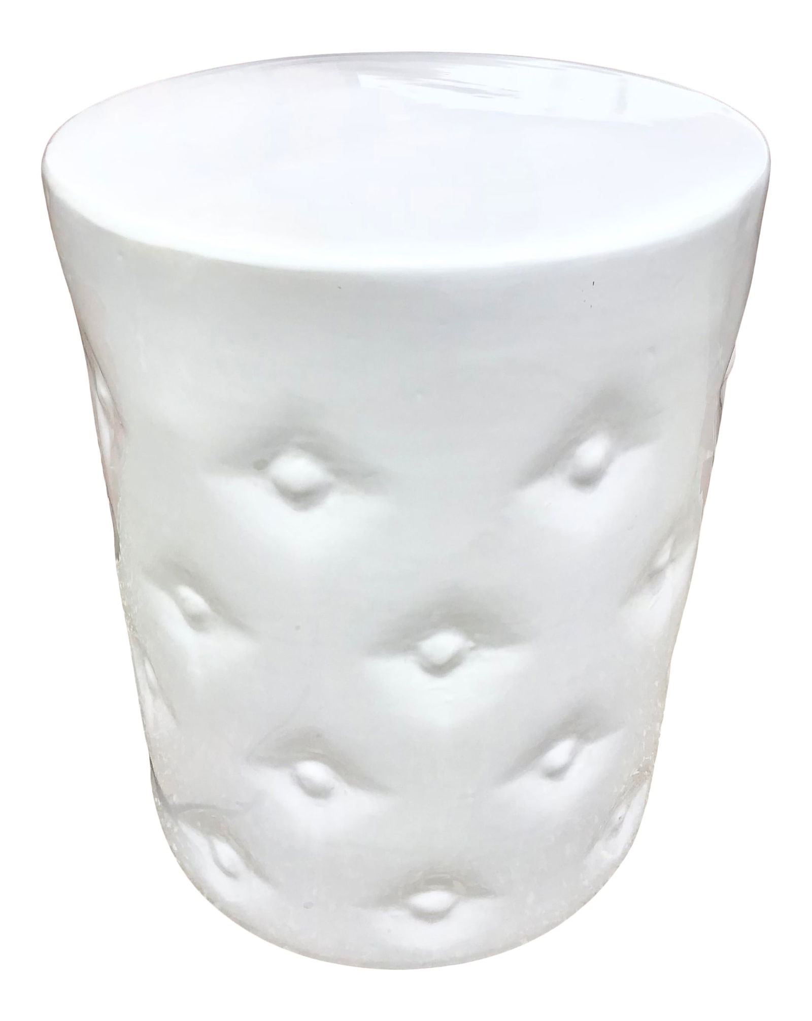 Faux Tufted Cushion Ceramic Blanc Garden Seat: 14"W × 14"D × 17.5"H 1990s Modern piece of faux cushion white ceramic garden seat in white. This can absolutely function as a cocktail table for your indoors or patio.