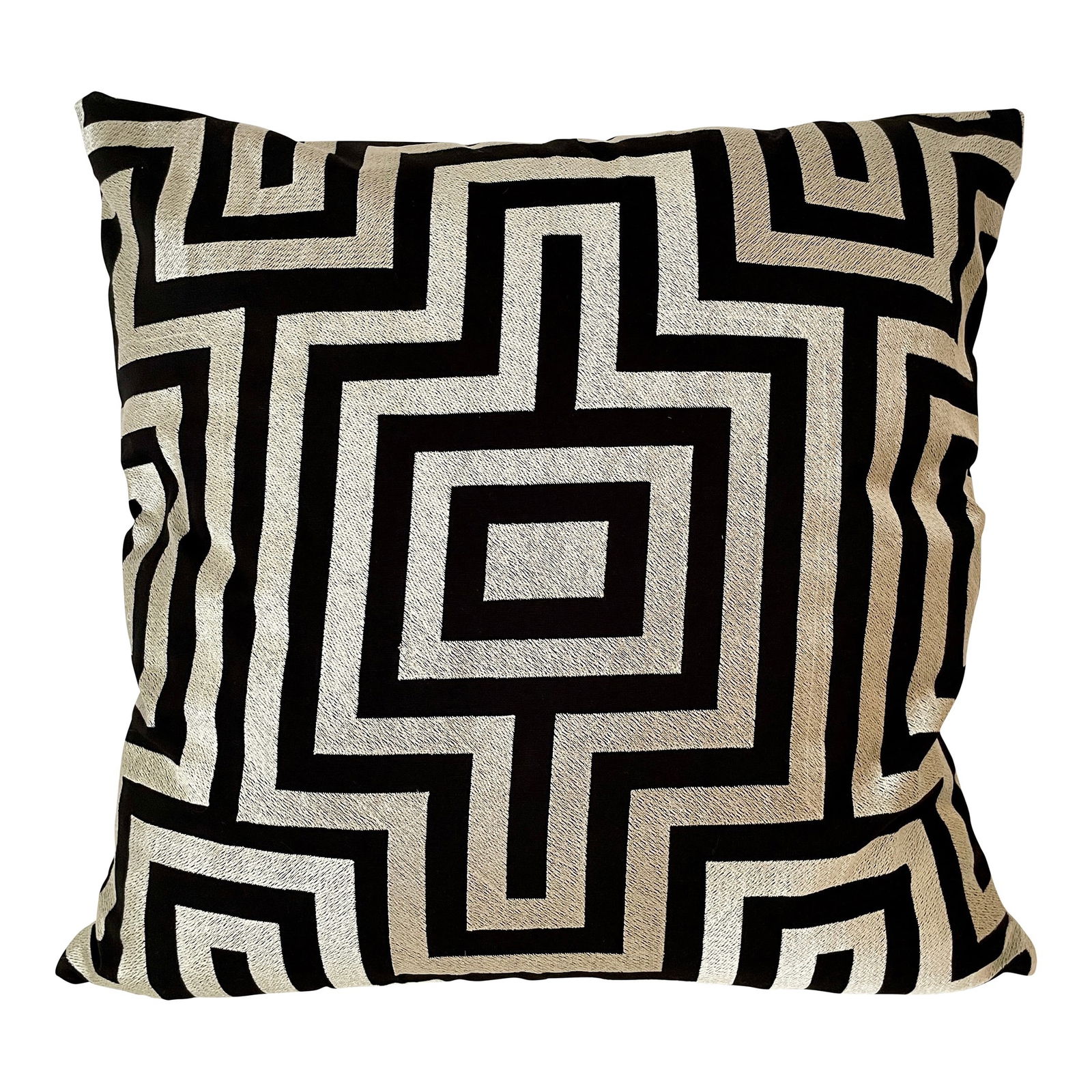 Hand Embroidered Geometric Pattern All Down Pillow: 22"W × 8"D × 22"H 2020s Art Deco modern hand embroidered geometric pattern all down pillow. Add some modern quality flair to your home with this dramatic Art Deco pattern. Silver threads on black ba