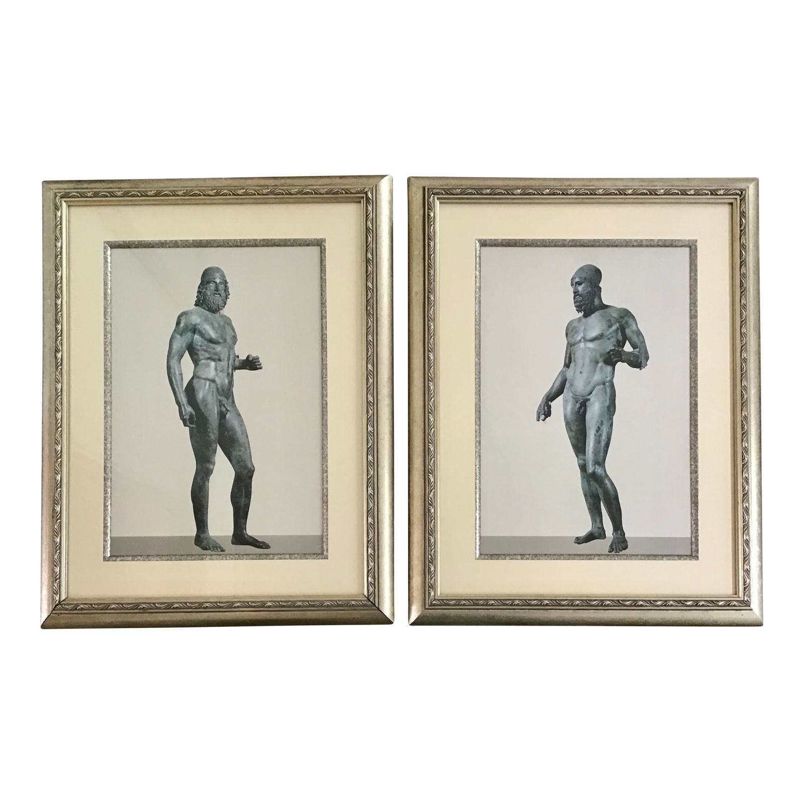 Ancient Greek Men Statues Photographs, a Pair: 20.5"W × 1.25"D × 26.5"H 1950s Traditional pair of ancient Greek men statues photographs with frame and glass. Beautiful border details and colors.