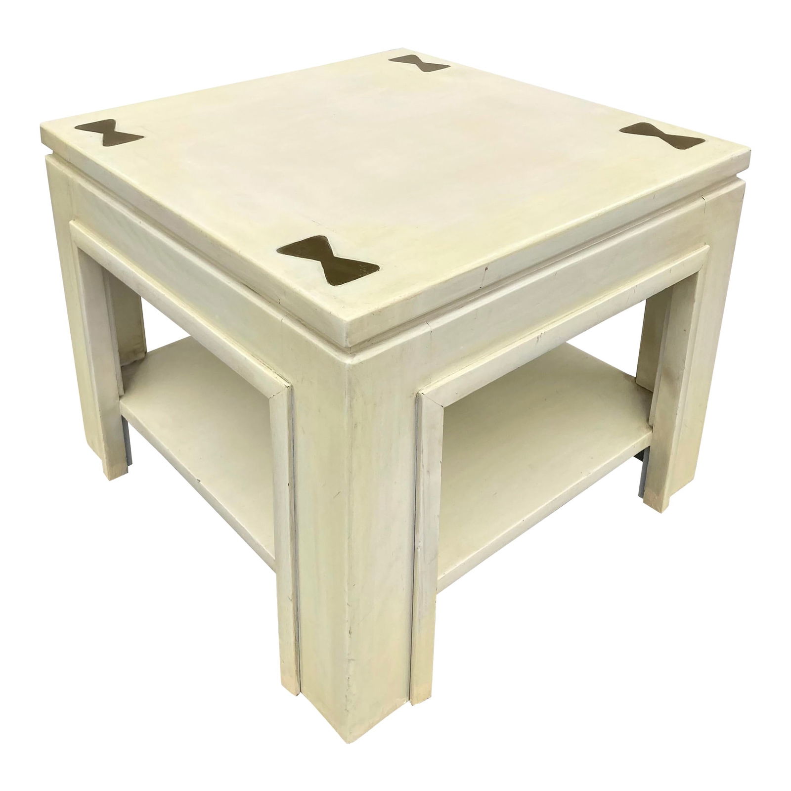 James Mont Ming Style Cocktail Table With Brass Insets #1: 20"W × 20"D × 16"H 1950s James Mont cocktail table in the Ming style with brass insets on the top surface. Original painted finish with very unique brass insets and a lowers shelf. This is an extrem