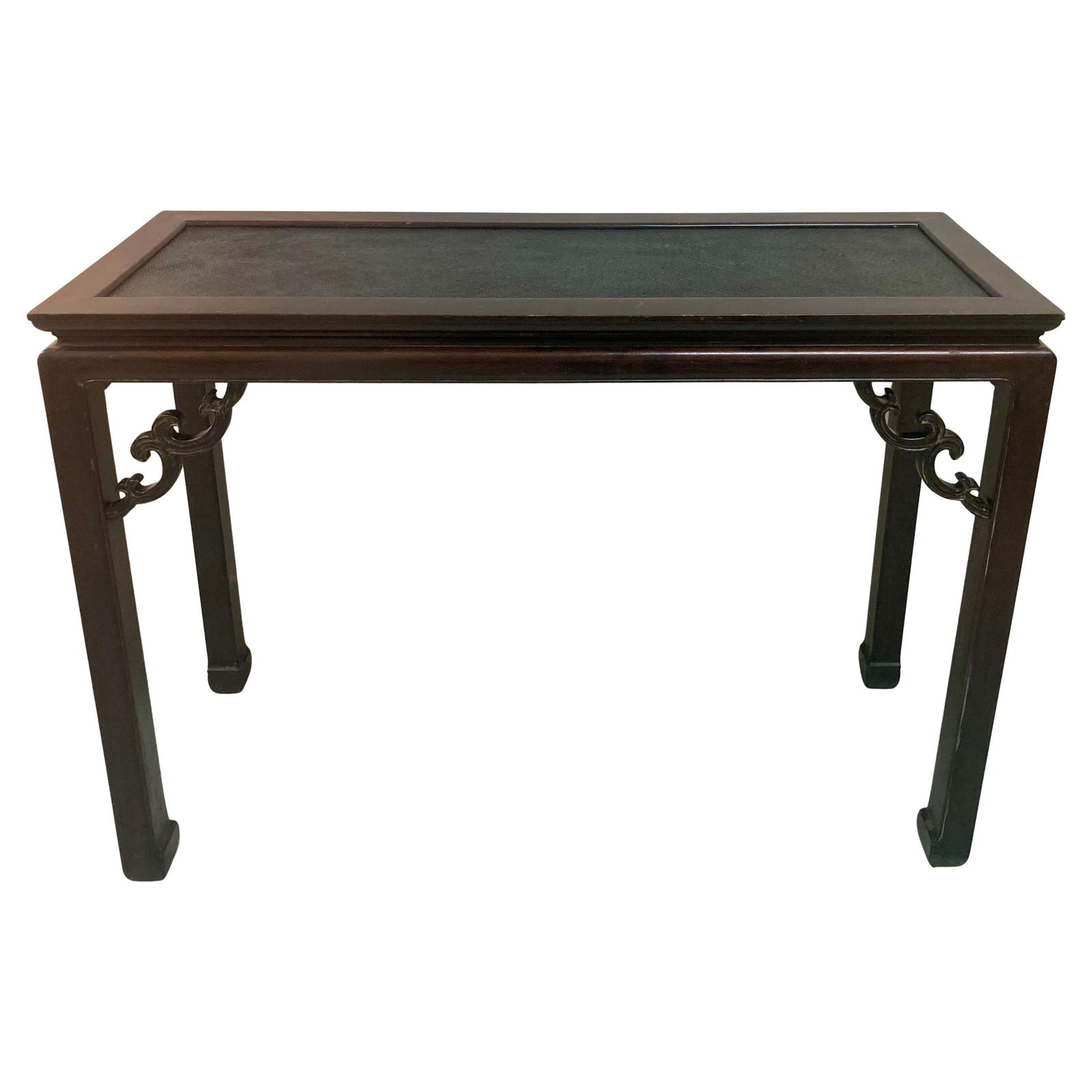 Ming Dynasty Chinese Console With Raffia Top: 45"W × 16"D × 32"H Late 19th Century Ming Dynasty Chinese wood console table with taffia top. Beautiful simple carvings and dark original finish. Rare to have the original raffia surface. Very moder