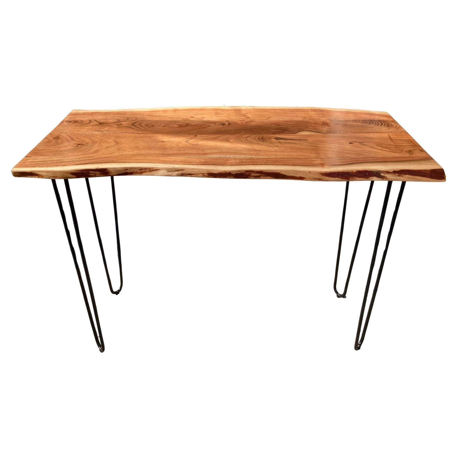 Wood Tree Trunk Slab Console: 42"W × 18"D × 31"H 2010s tree trunk slab console table with simple Mid-Century modern metal black legs. Interesting combination of materials that add to the organic nature of the design. Made in USA