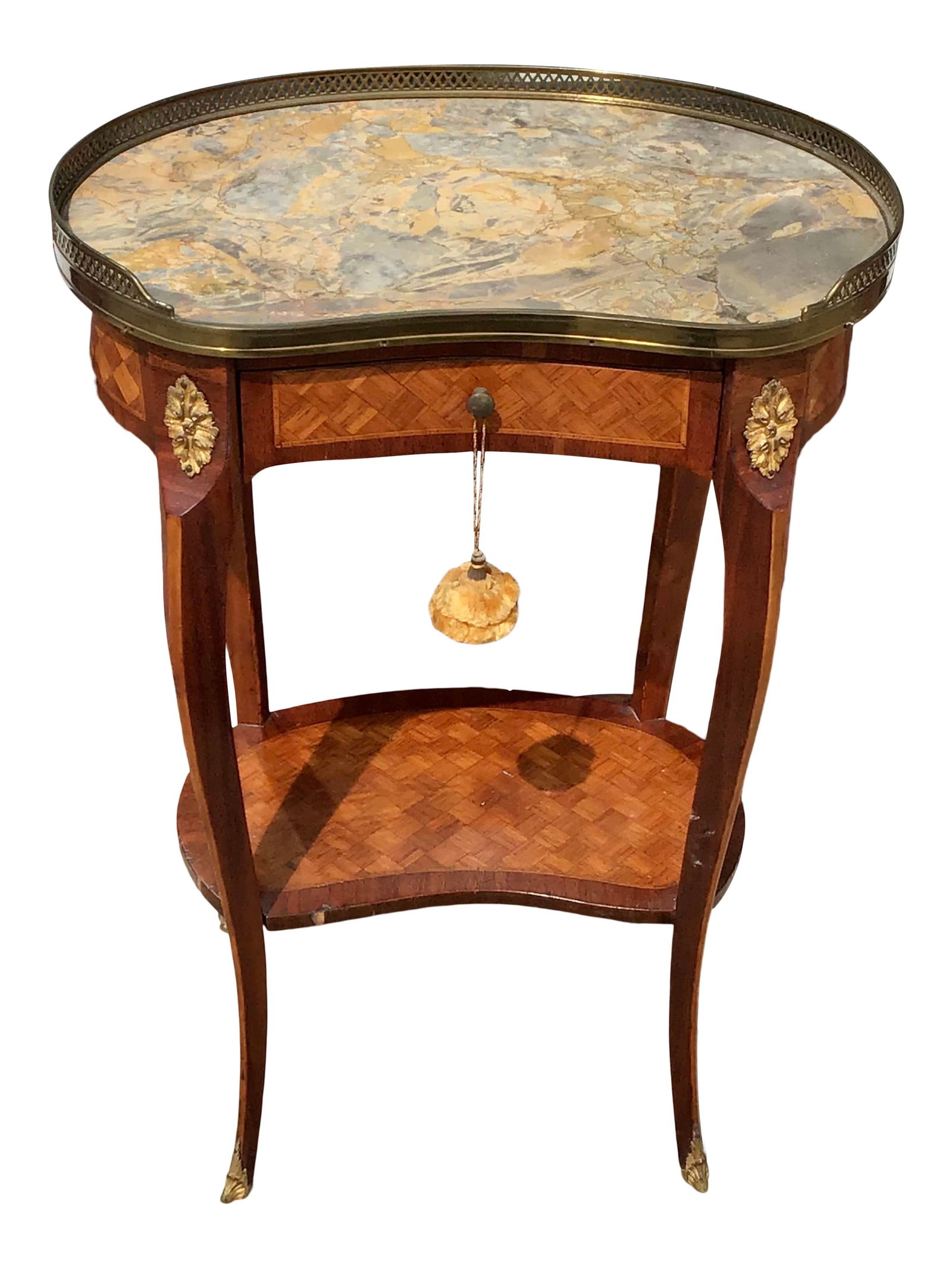 French Transition Marble Top Side Table: 19"W × 11.5"D × 38.5"H Mid 18th Century transition side table with marble top. Beautiful marquetry details and bronze ormolu. Made in France.