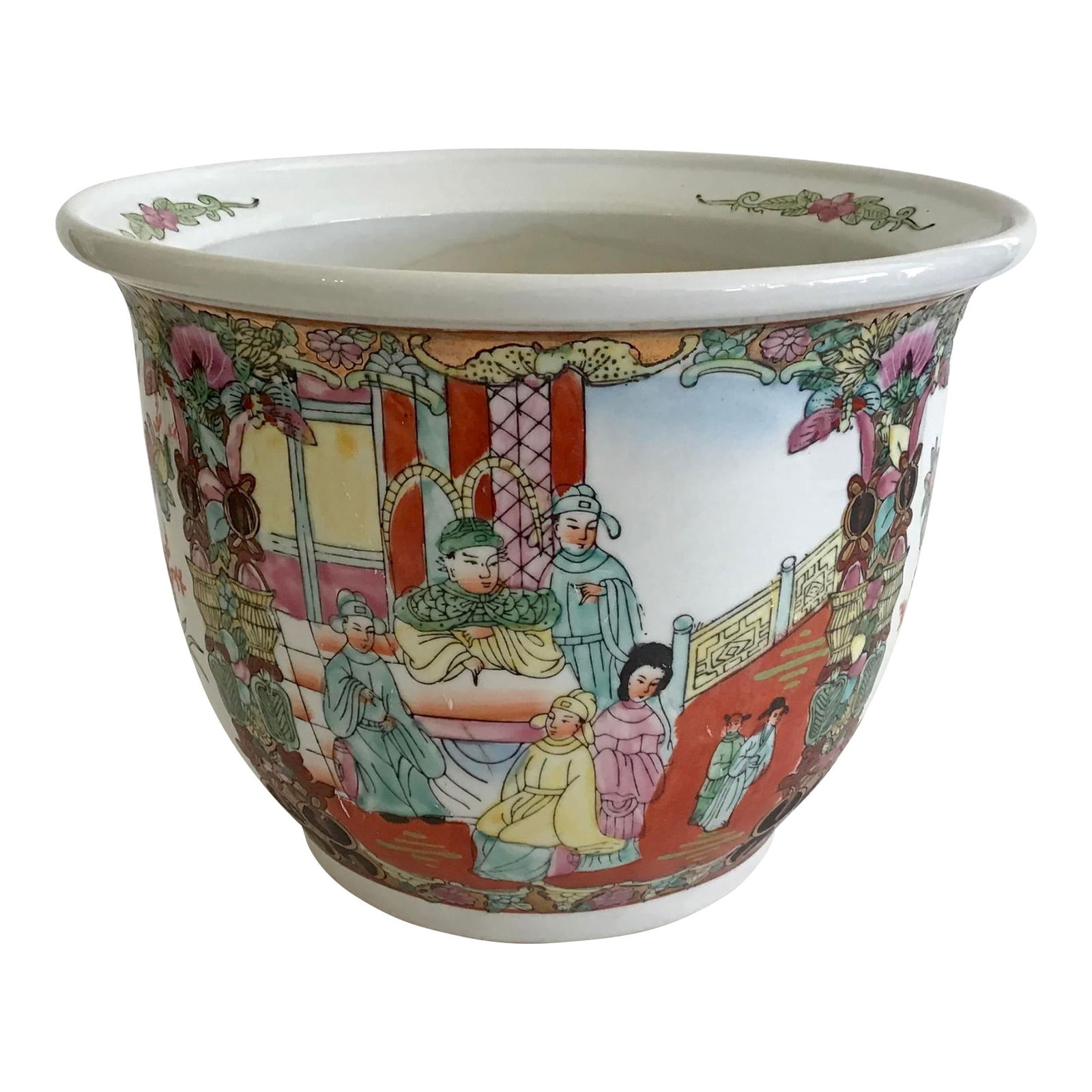 Chinese Rose Medallion Small Cachepot: 9"W × 9"D × 7"H 1950s Chinese rare small Rose Medallion cachepot for interiors or outdoors. This planter has a fabulous decoration all around them so they can be used for decoration only or as a gor