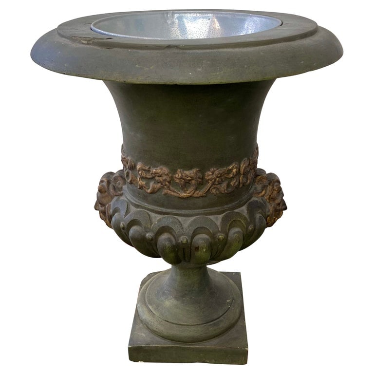 French Painted Terra Cotta Urn Uplight: 15"W × 15"D × 18"L Early 20th Century French painted terra cotta urn uplight. Beautiful hand painted details . Add some lighting drama to your home. Made in France.