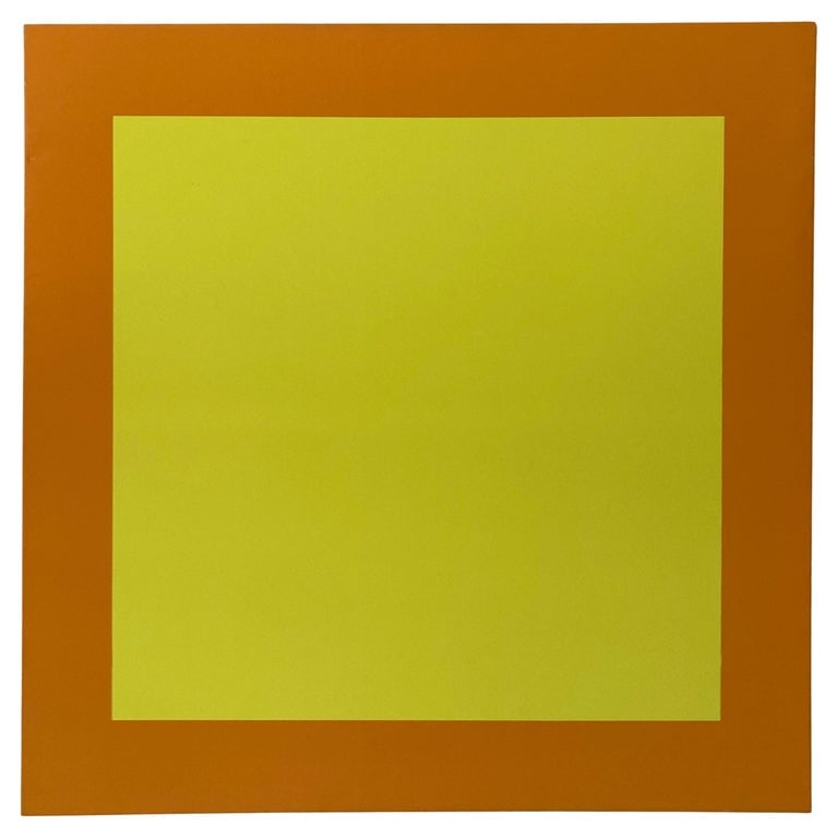 Josef Albers Inspired Painting "Happy" by Todd Hase, Yellow: 52"W × 1.25"D × 52"H 2020s Josef Albers inspired painting "Happy" by Todd Hase, yellow version. This was created for various window displays, so there are some marks, rubs, and imperfections that ad