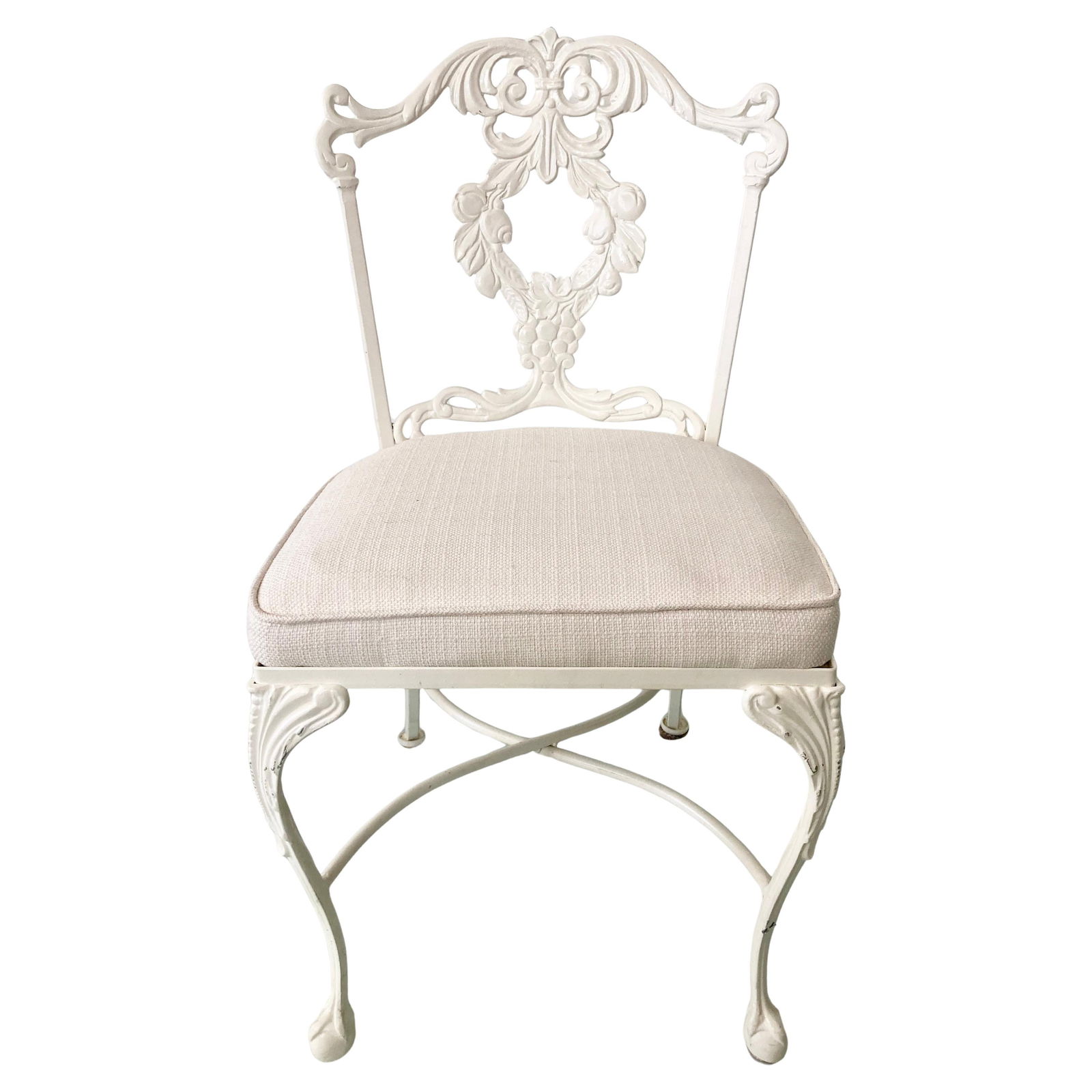 Hollywood Regency Side Dining Chair #4: 18"W × 19"D × 34"H Seat Height: 18.0 in Hollywood Regency classic side dining chairs in original finish and new Todd Hase upholstery and Todd Hase textiles high performance off-white. Add some glamo