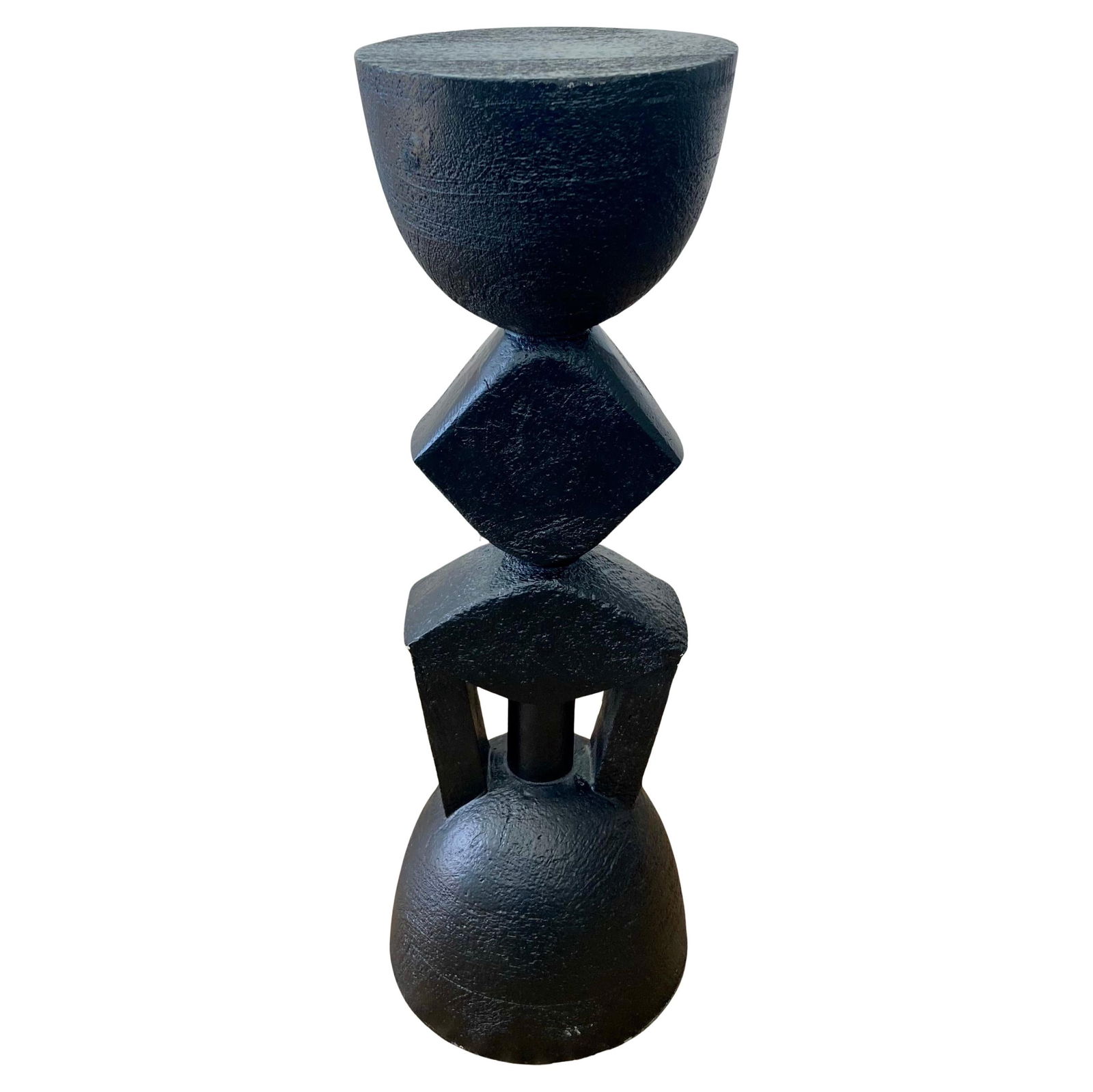 Chic African Style Cocktail: 9"W × 9"D × 26"H 1990s chic African style round resin cocktail table in a black finish. Beautiful sculptural form. Add some chic African style to your home or design project. Made in U.S.A.