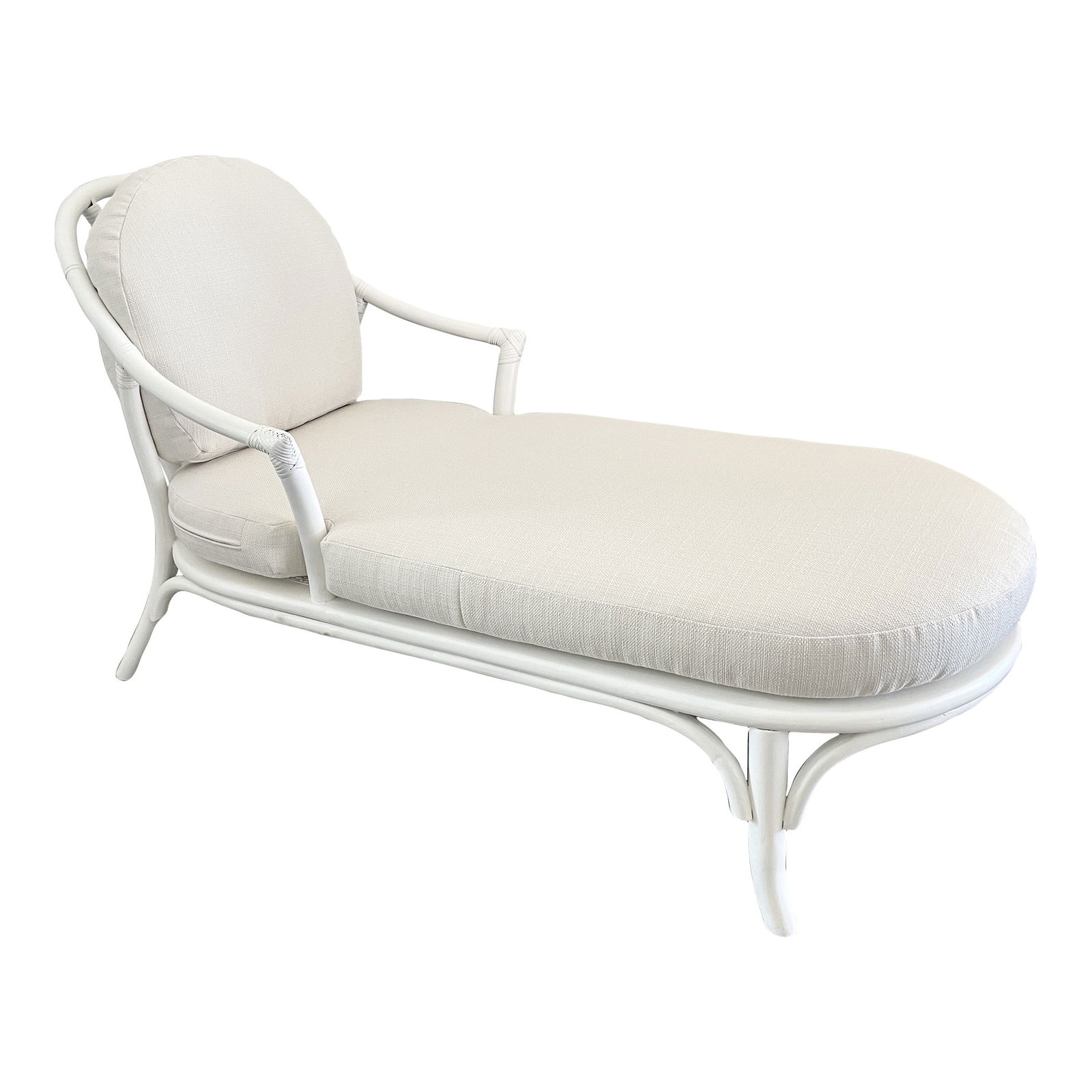 Palm Beach Ficks Reed Rattan Chaise with Todd Hase Textiles: 60"W × 27"D × 33.5"H Seat Height: 18.0 in Seat Interior Width: 45.0 in Arm Height: 23.0 in Seat Interior Depth: 20.0 in 1960s Palm Beach Ficks Reed rattan chaise with new Todd Hase textiles cushions