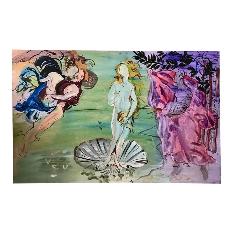 The Birth of Venus Printed on Canvas in the Style of Raoul Dufy: 78.25"W × 1.5"D × 50"H 2020s Mid-Century modern painting printed on canvas depicting the birth of Venus in the style of famed French painter Raoul Dufy. We have two copies available so collect both