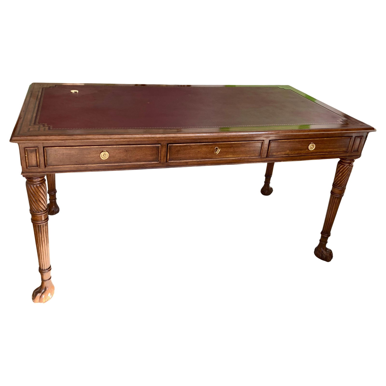 Italian Style Carved Writing Desk With Red Leather Top: 62"W × 32"D × 31.5"H Table Knee Clearance: 25.0 in 1950s traditional Italian style rectangular wood writing desk with red leather top. Each drawer is lined with leather. Amazing quality hand carving