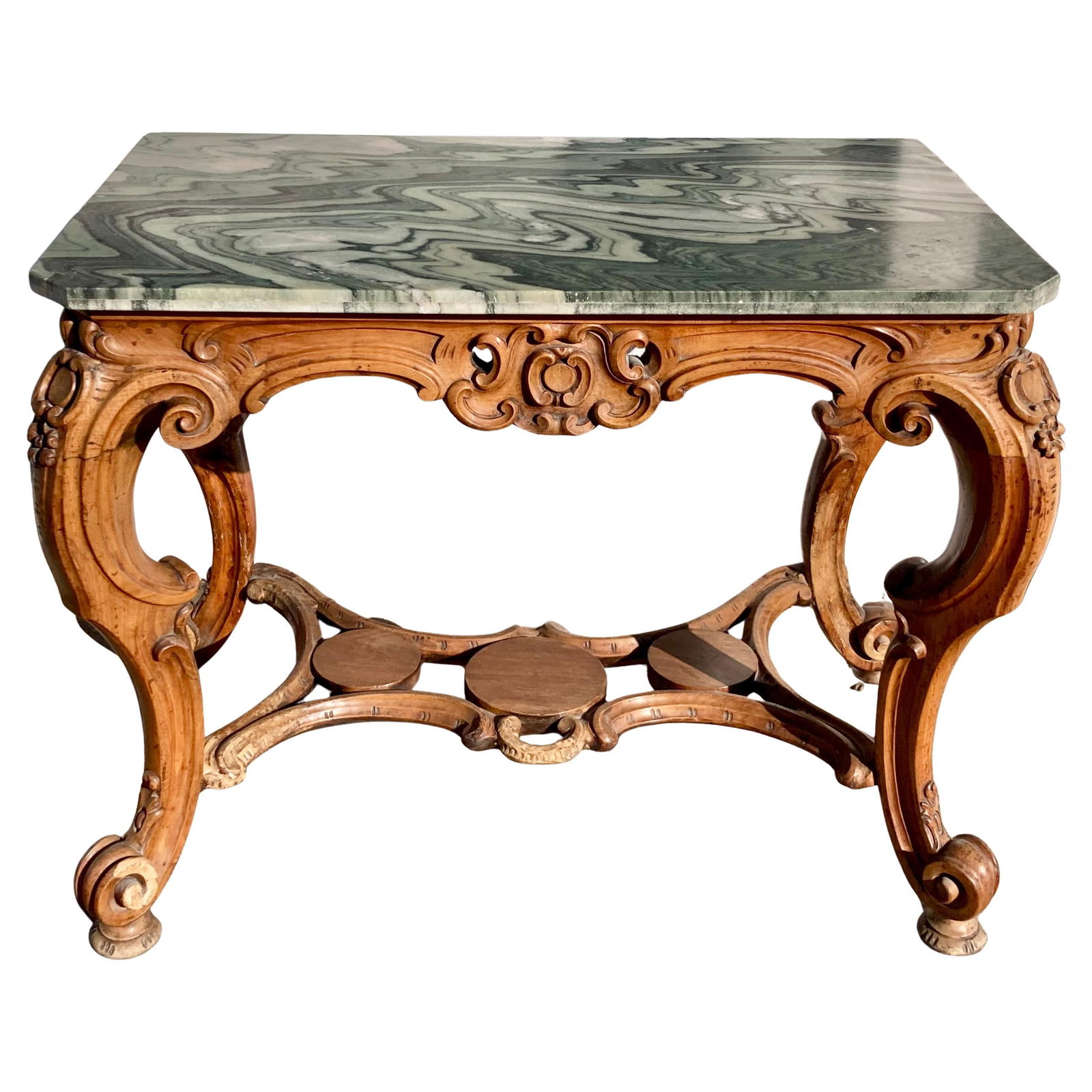 Italian Regency Console With Green Marble Top: 38.5"W × 22.5"D × 31"H 18th Century Italian 18th Century Regency wood carved rectangular console with unusual green marble top. Gorgeous carved wood details. Carving on all visible sides . Nice size