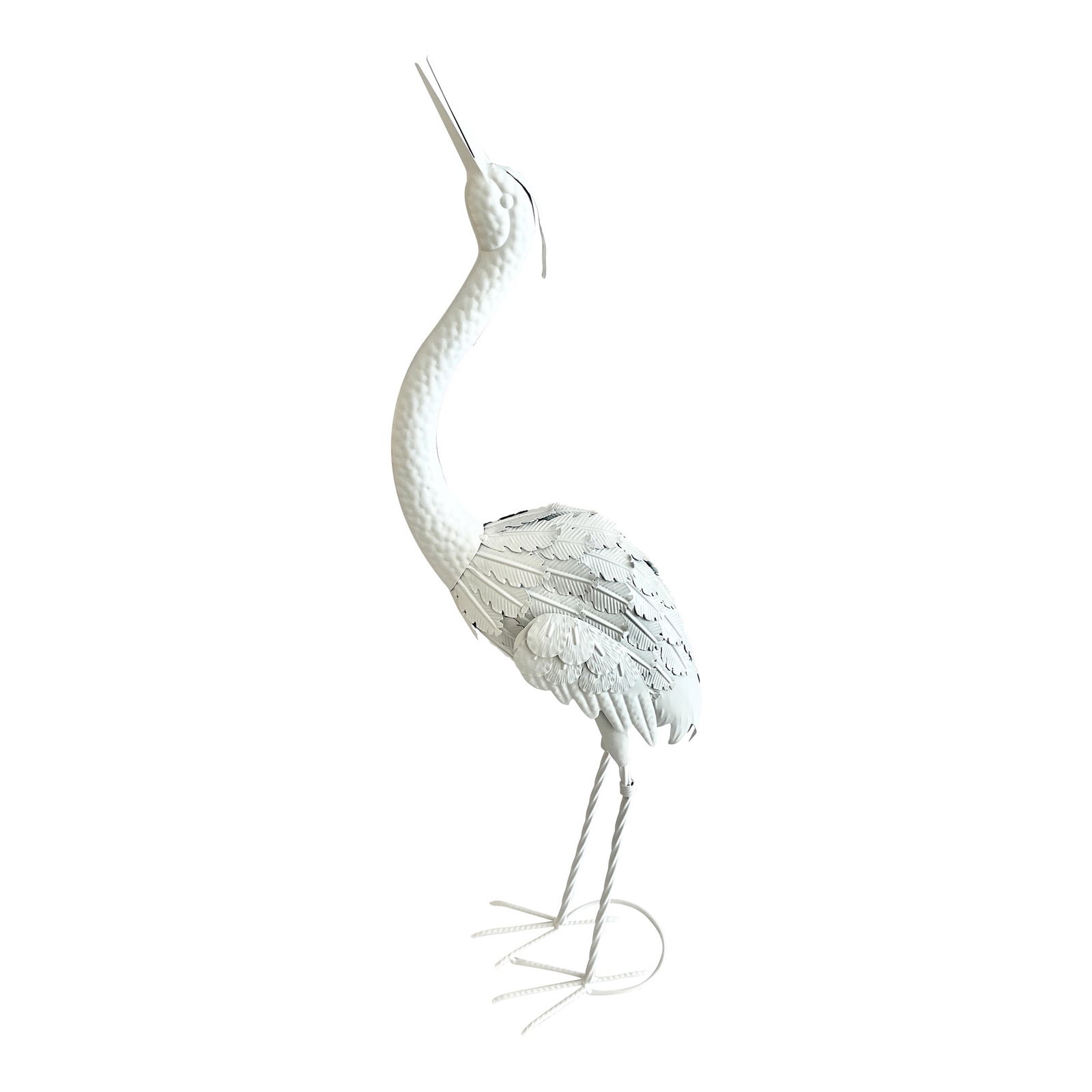 Small White Lacquered Metal Statue of a Stork: 13"W × 6.5"D × 33.75"H 2010s Boho Chic small metal stork looking up freshly lacquered in white. Great addition to your Boho Chic inspired decor.