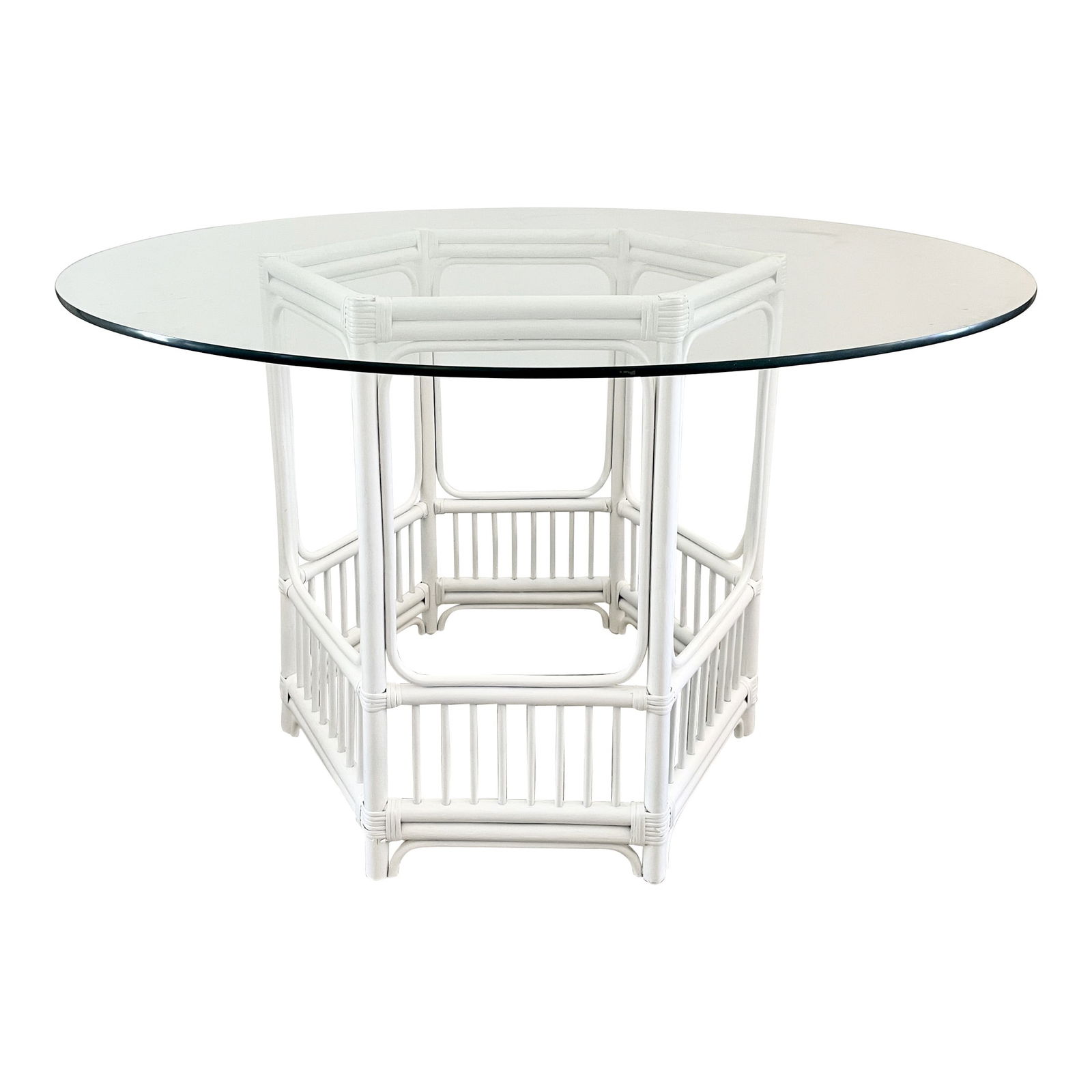 Palm Beach Ficks Reed Rattan Dining Table Base with Glass Top: 47.5"W × 47.5"D × 29.5"H 1960s Boho Chic Ficks Reed round rattan pedestal dining table. Hexagonal base freshly lacquered in white and round glass top included. Boho Chic style. Made in U.S.A.