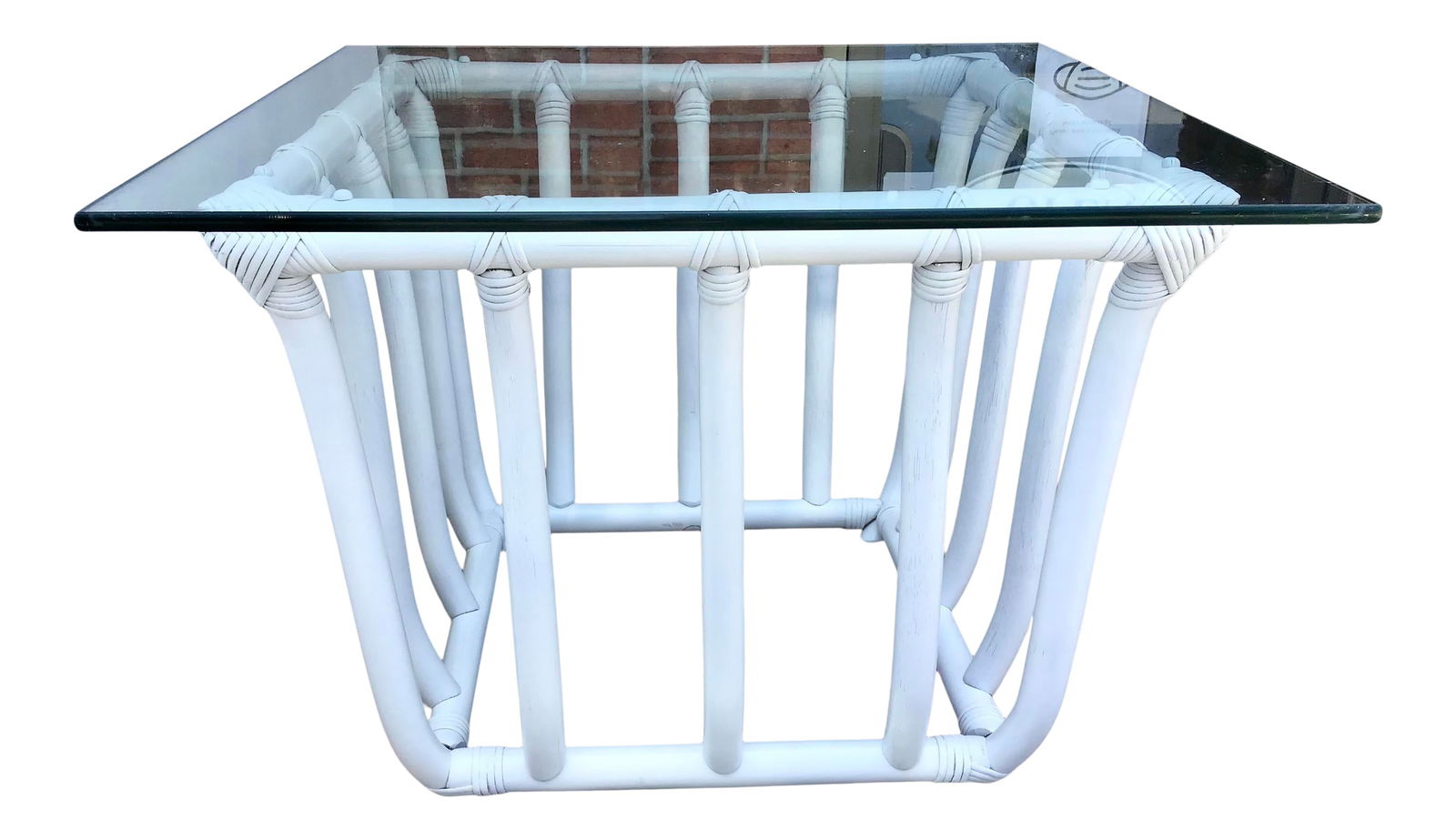 Palm Beach Ficks Reed Boho Chic White Rattan Square Side Table: 30"W × 30"D × 20.5"H Freshly lacquered in white Ficks Reed boho chic rattan side table in white with a glass top made in the 1960s. We have additional tables in this same style and finish. Made in U