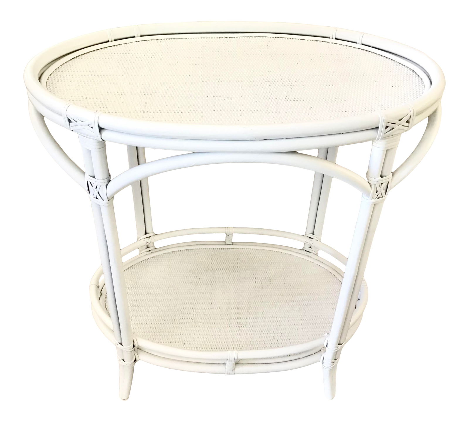 Palm Beach Boho Chic Oval Rattan Bar Table White Lacquer: 30.5"W × 20"D × 30.5"H White Boho Chic oval top rattan bar table. Made in the 1960s. Entertain your guests with cocktails with this serve table at your bar. Fresh white lacquer finish!