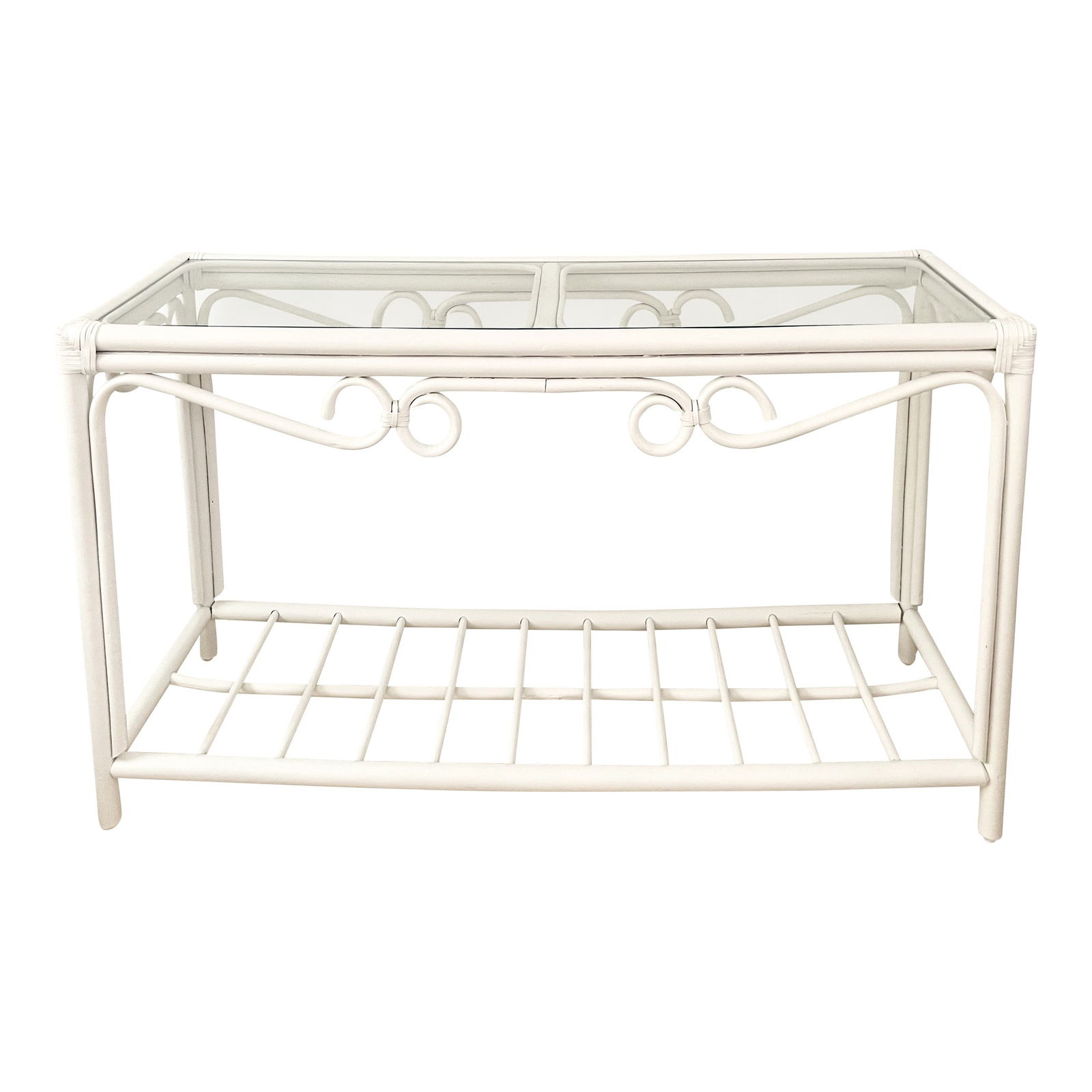 Palm Beach Boho Chic Hollywood Regency Rattan Console in White Lacquered Finish: 48"W × 15"D × 28"H 1960s Boho Chic Hollywood Regency rattan Pencil Reed console freshly lacquered in white with a glass top. Unique design, great addition to your boho chic inspire home. Lower shelf