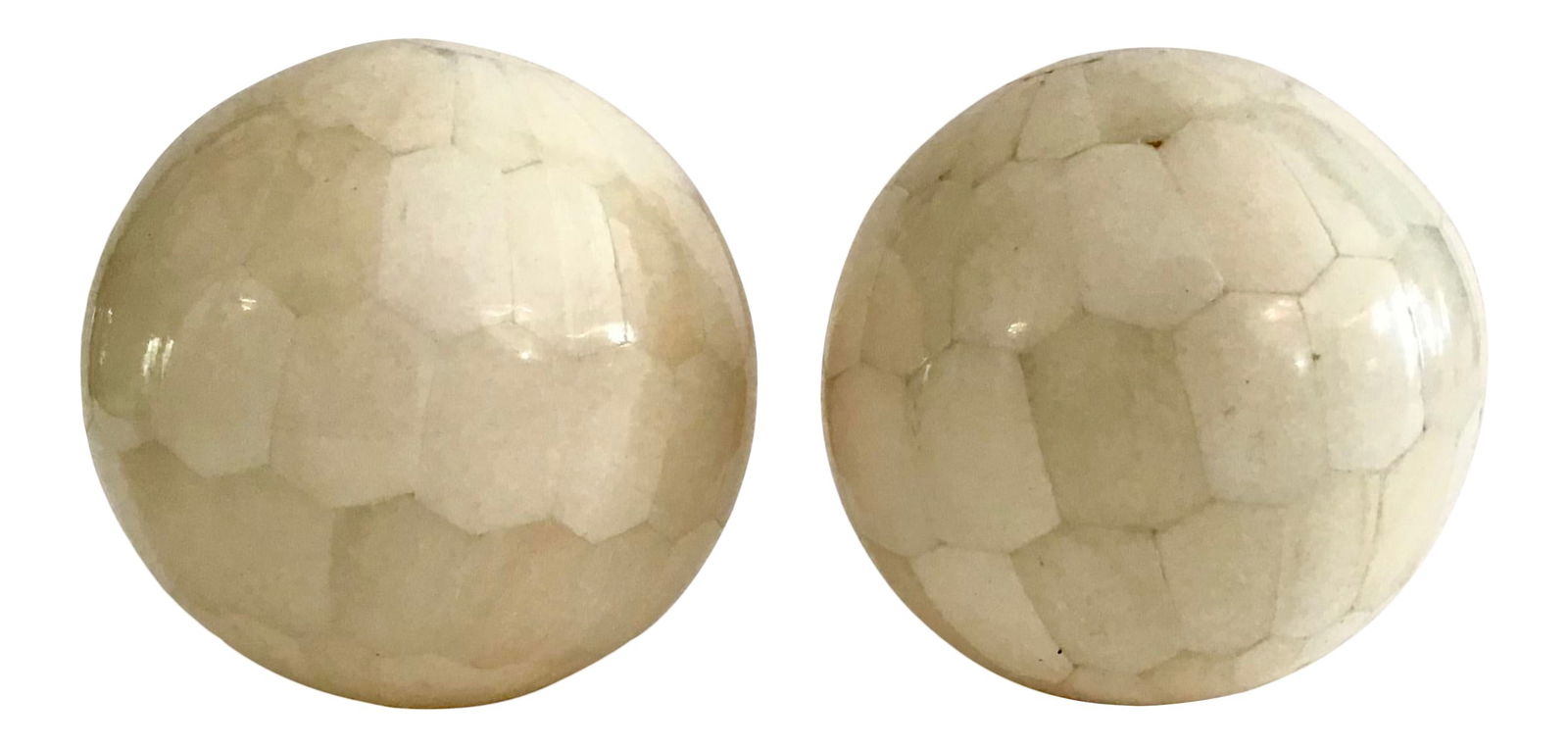 Tessellated Mosaic Made Spheres by Enrique Garcel, a Pair: 3"W × 3"D × 3"H 1970s rare pair of tessellated mosaic spheres by Enrique Garcel. Add it to your collection of tessellated mosaic furniture in your studio or console. Made in Colombia.