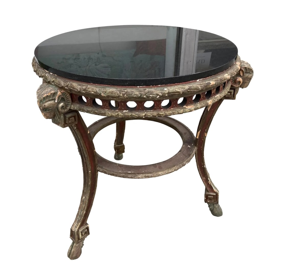 Michael Taylor Painted Louis XVI Gueridon Table with Black Stone Top: 32"W x 32"D x 31"H Michael Taylor Louis XVI Gueridon Table Hand Carved and original Finish with Black Stone Top. Beautiful hand painted details. Chic!