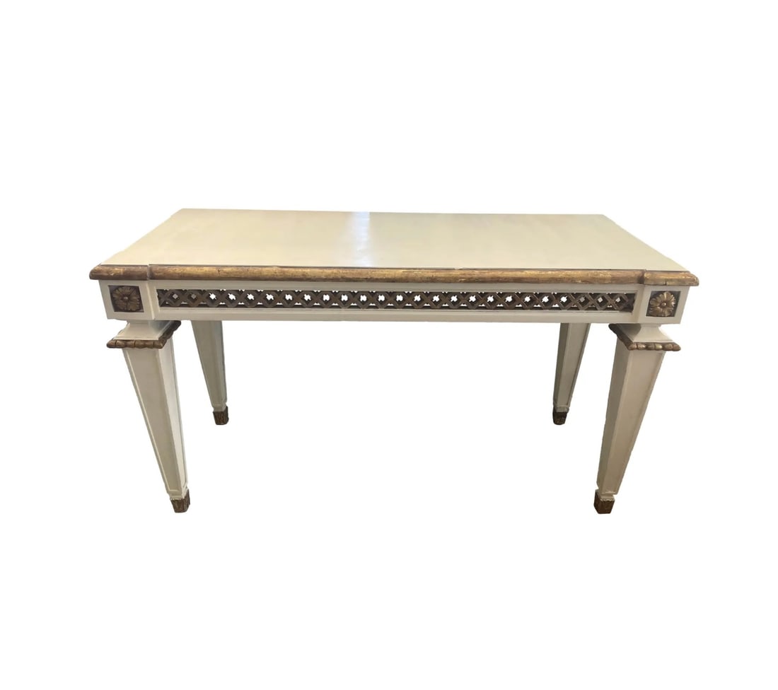 Michael Taylor Trellage Sofa Table in Painted and Gilt Finish: 60"W x 24"D x 34"H Michael Taylor Trellage Sofa Table in Original Painted and Gilt Finish some wear. . Pick up address 7445 Sunset BLVD