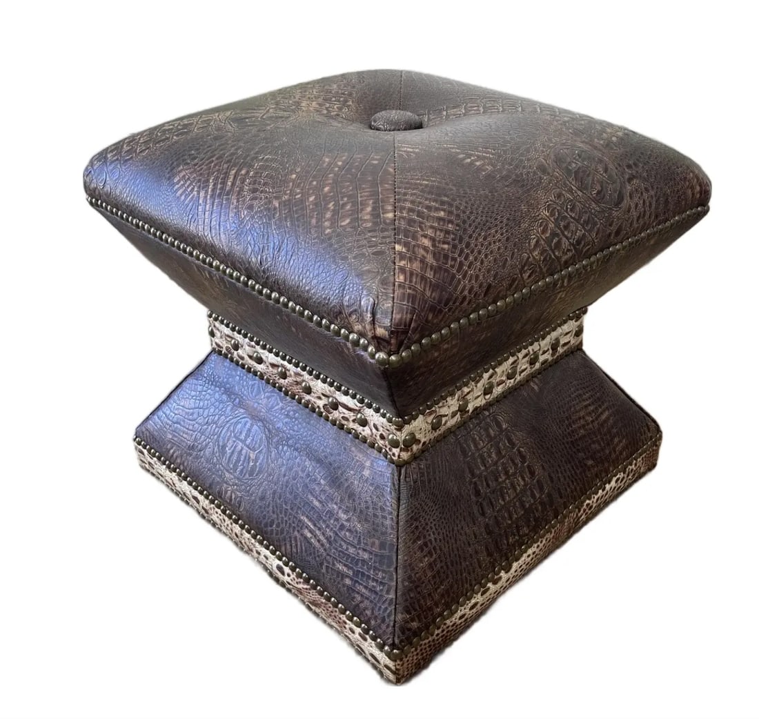 Faux Crocodile Ottoman Brown: 19"W x 19"D x 19"H Faux Crocodile Ottoman with nailheads. Beautiful quality and detail work.