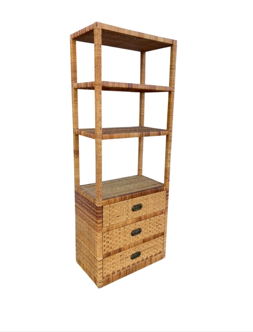 Bielecky Brothers Rattan Etagere: 30"W x 18"D x 80"H Bielcky Brothers Rattan Etagere with lower Chest. Beautiful quality construction.